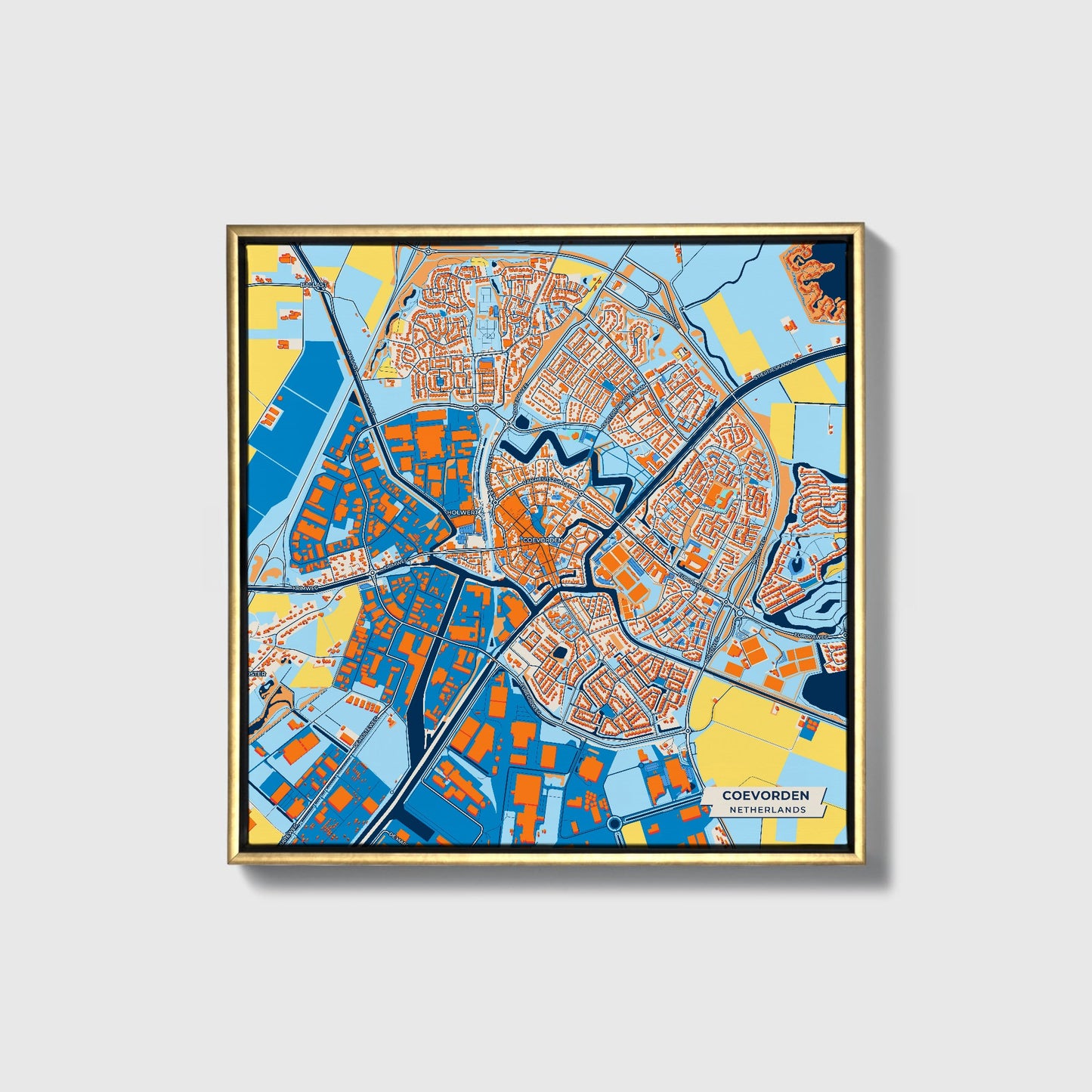 Coevorden Netherlands Colorful City Map Canvas Print • Gold Framed