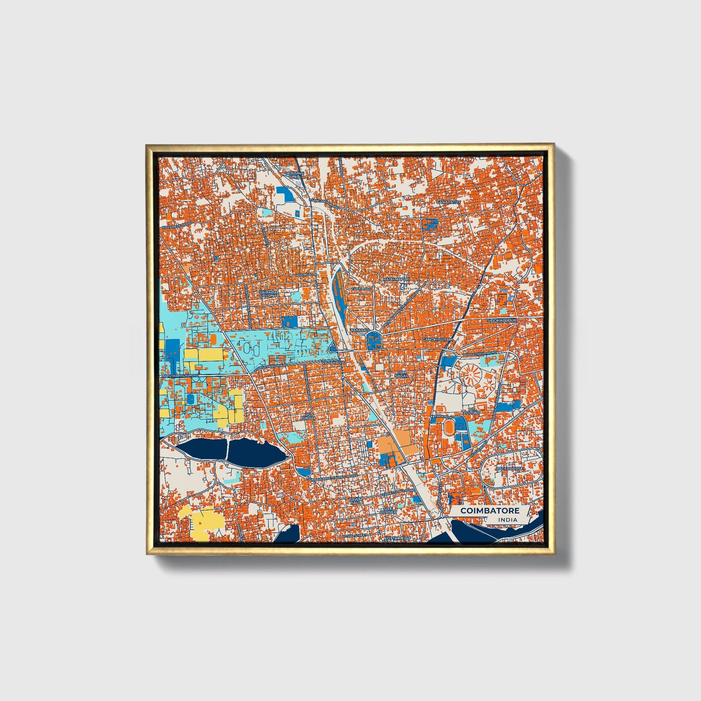 Coimbatore India Colorful City Map Canvas Print • Gold Framed