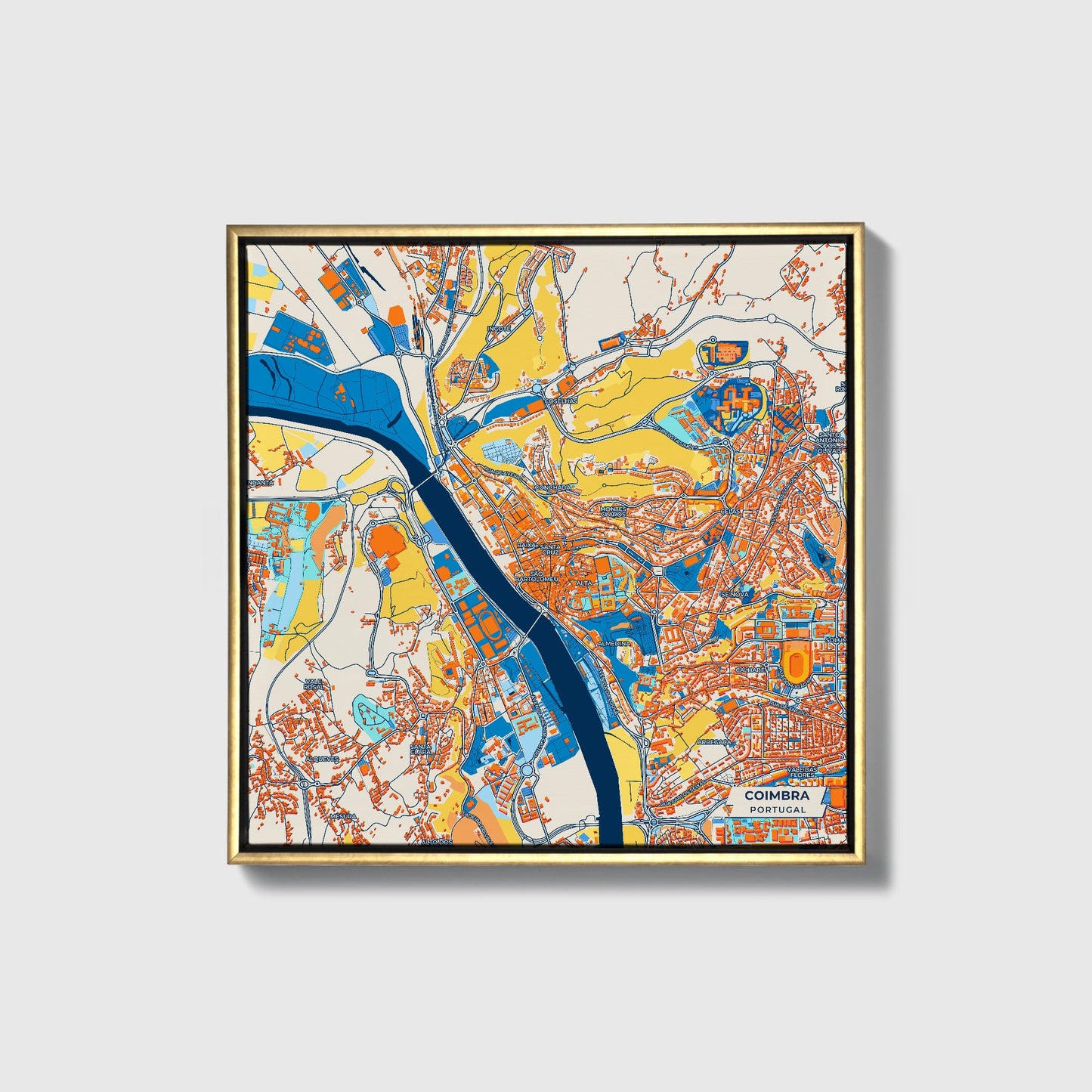 Coimbra Portugal Colorful City Map Canvas Print • Gold Framed