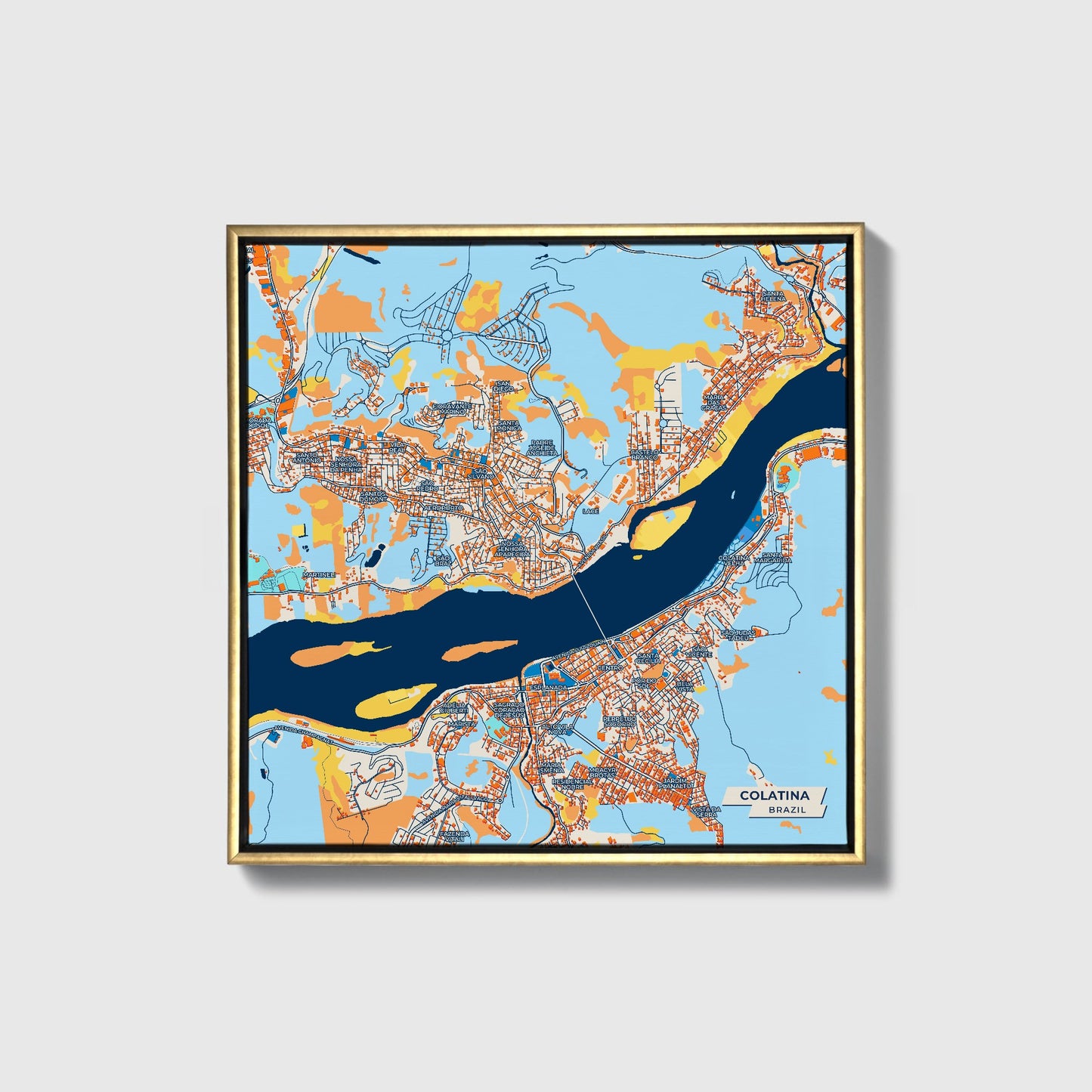 Colatina Brazil Colorful City Map Canvas Print • Gold Framed