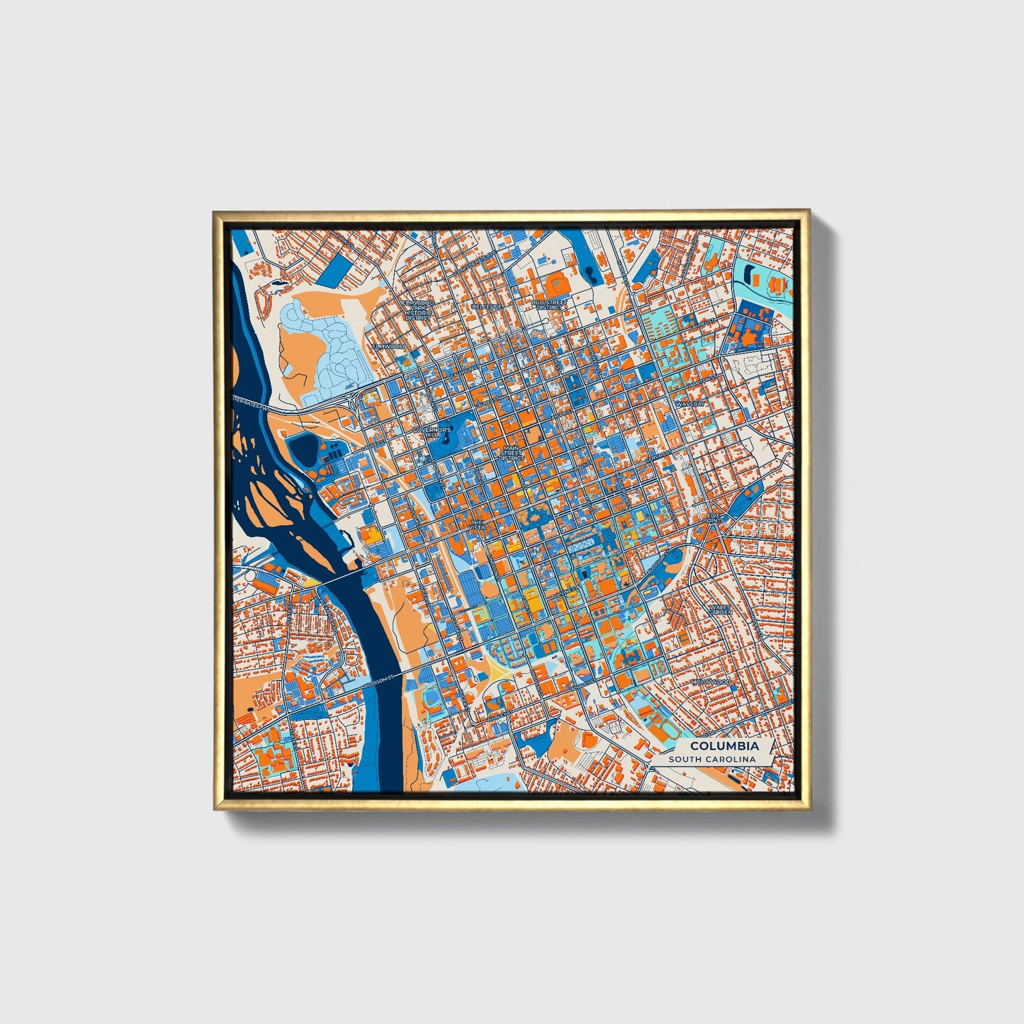 Columbia South Carolina Colorful City Map Canvas Print • Gold Framed