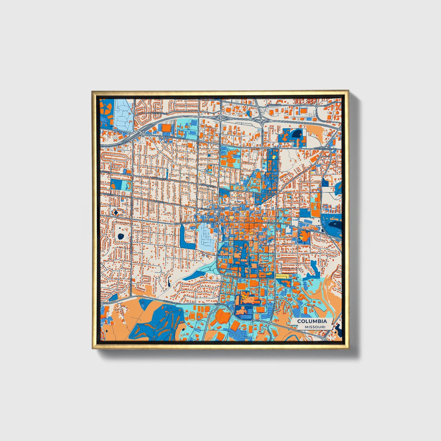Columbia Missouri Colorful City Map Canvas Print • Gold Framed