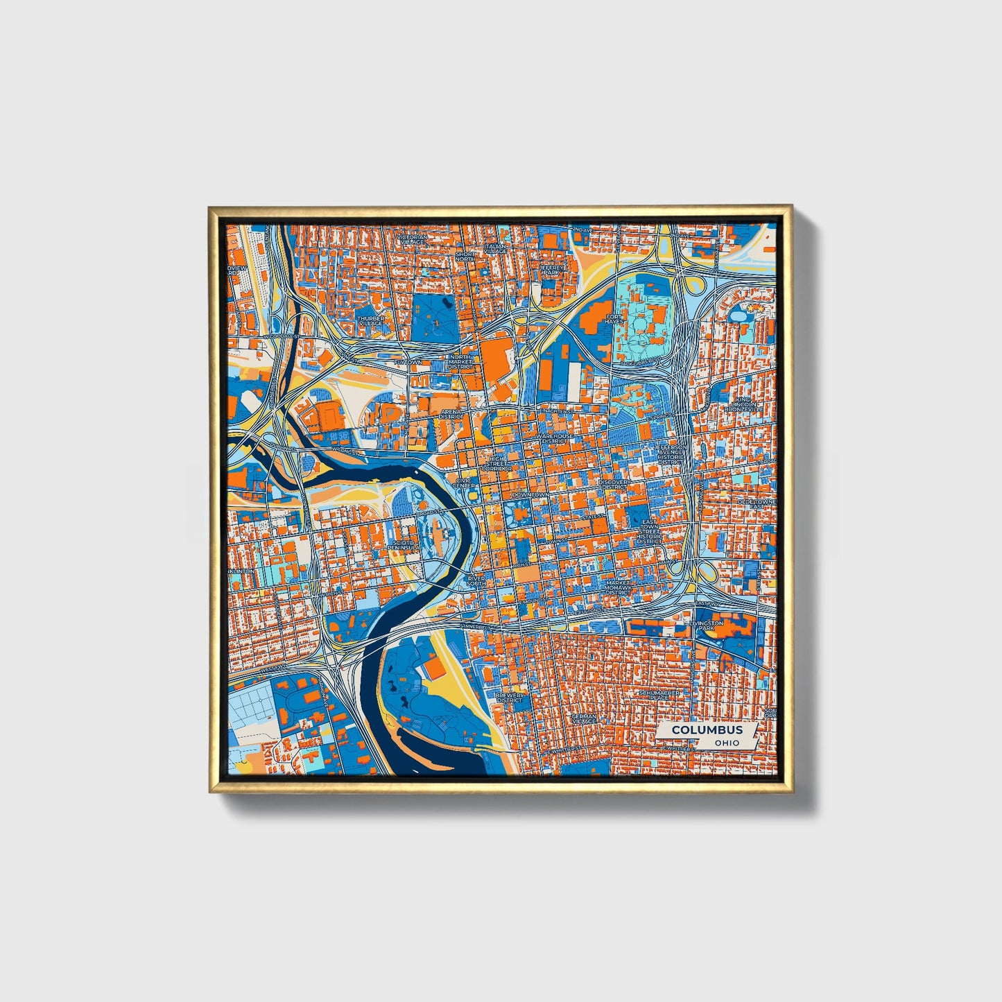 Columbus Ohio Colorful City Map Canvas Print • Gold Framed