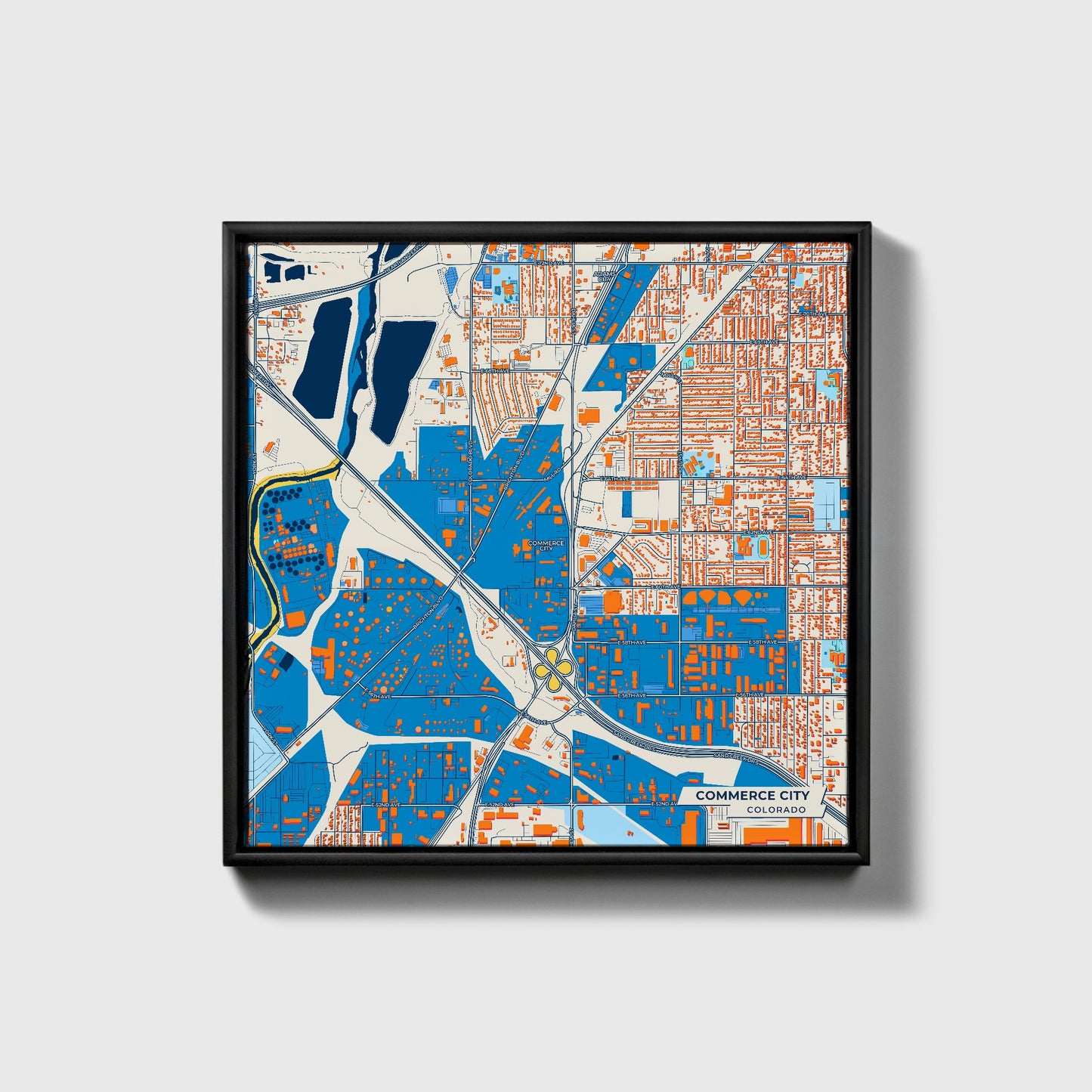 Commerce City Colorado Colorful City Map Canvas Print • Black Framed