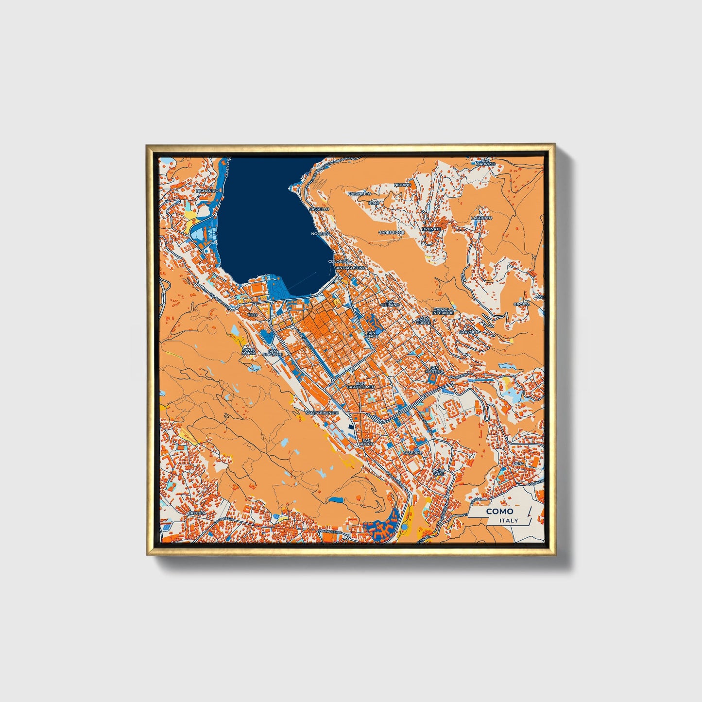 Como Italy Colorful City Map Canvas Print • Gold Framed
