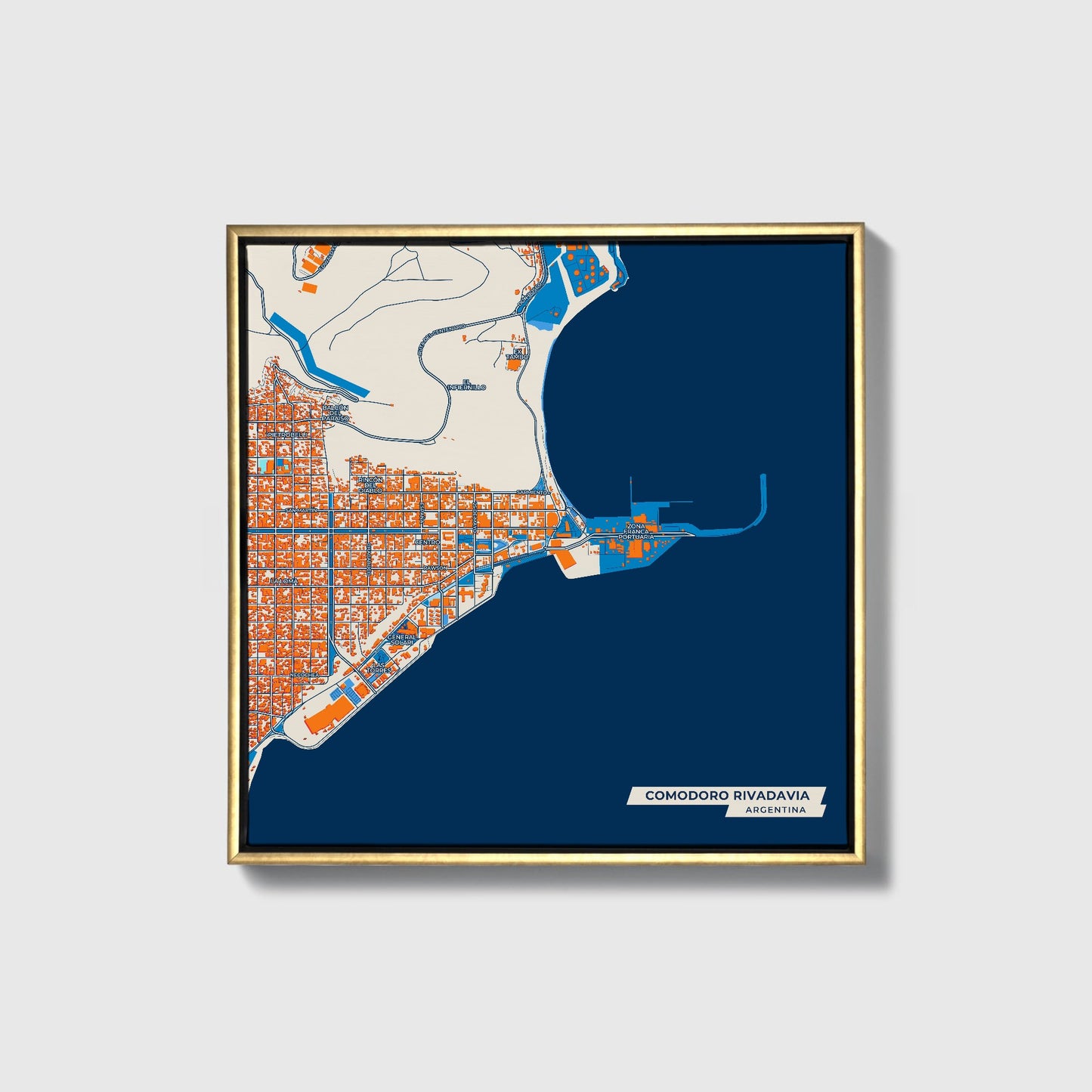 Comodoro Rivadavia Argentina Colorful City Map Canvas Print • Gold Framed