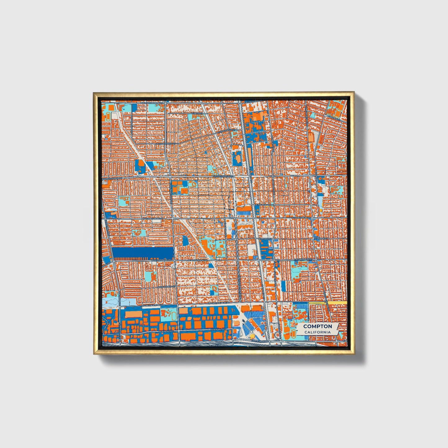 Compton California Colorful City Map Canvas Print • Gold Framed