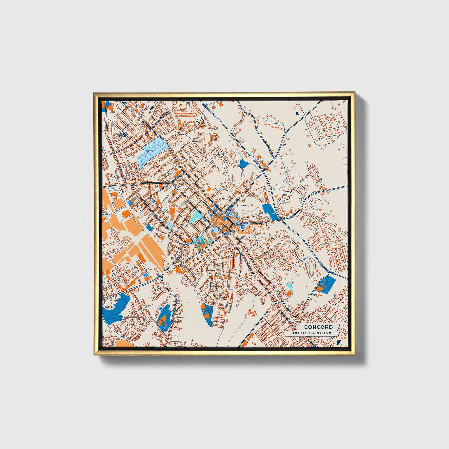 Concord North Carolina Colorful City Map Canvas Print • Gold Framed