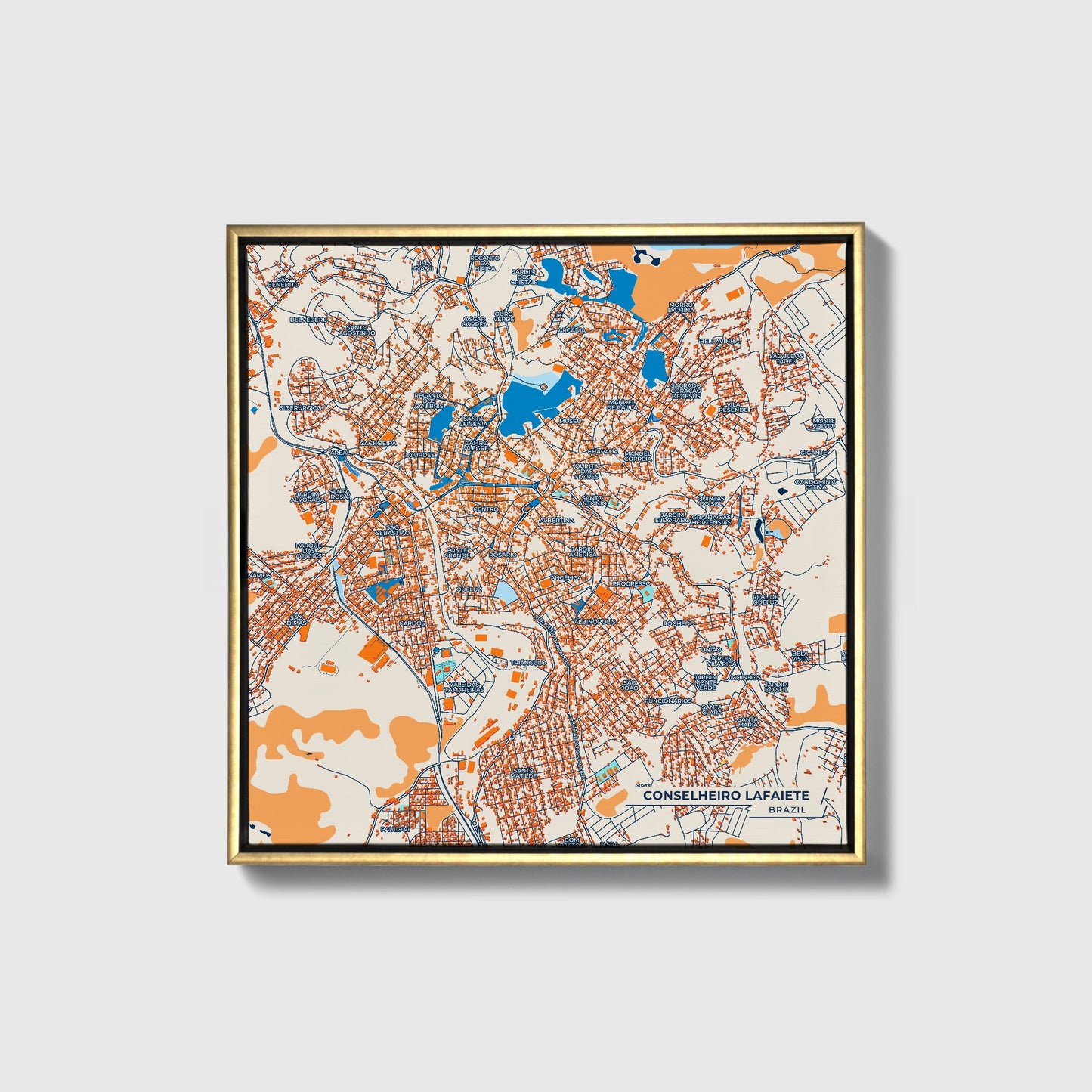 Conselheiro Lafaiete Brazil Colorful City Map Canvas Print • Gold Framed