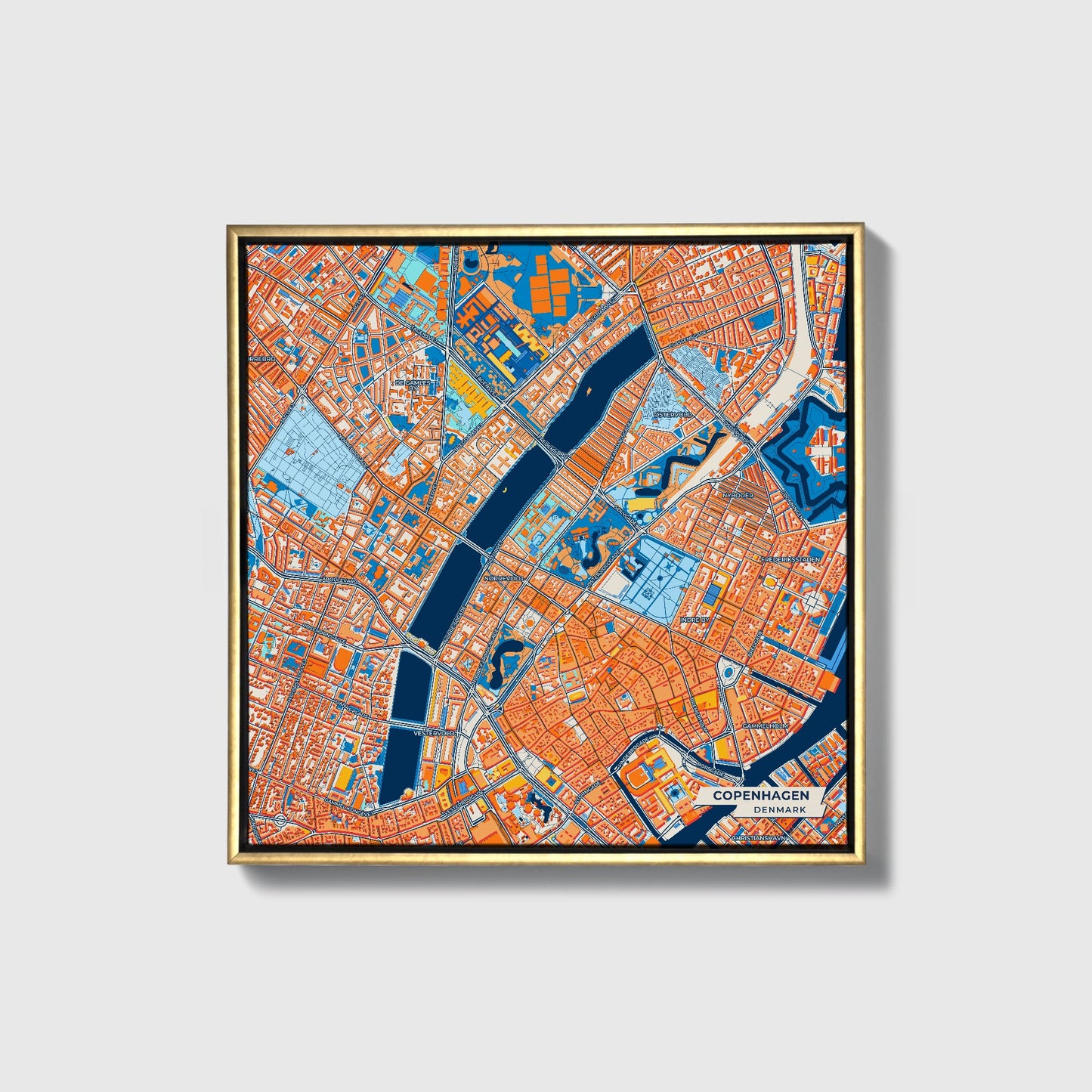 København Denmark Colorful City Map Canvas Print • Gold Framed