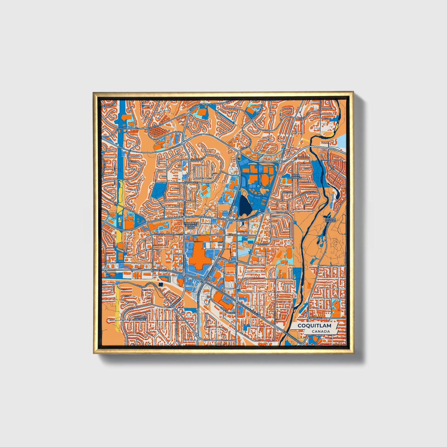 Coquitlam Canada Colorful City Map Canvas Print • Gold Framed