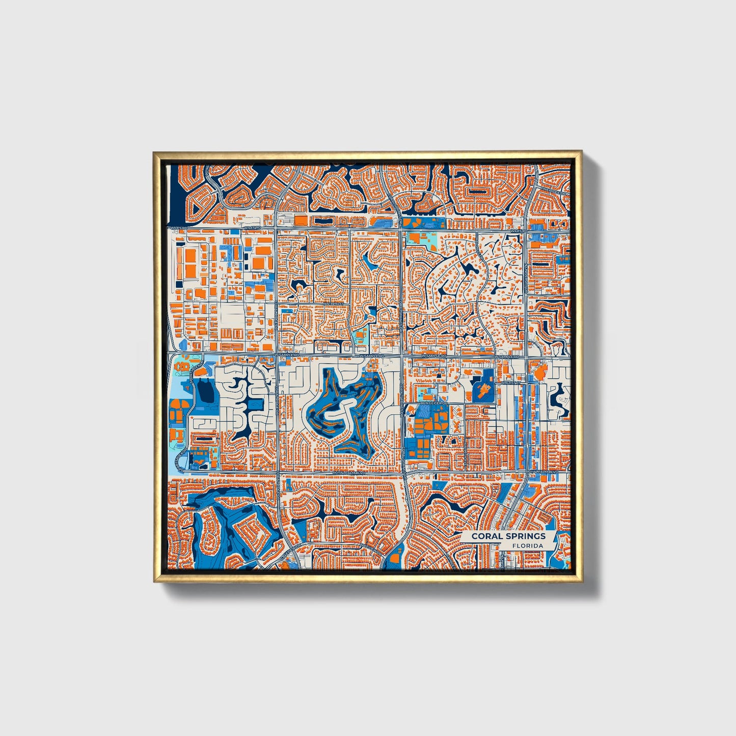 Coral Springs Florida Colorful City Map Canvas Print • Gold Framed