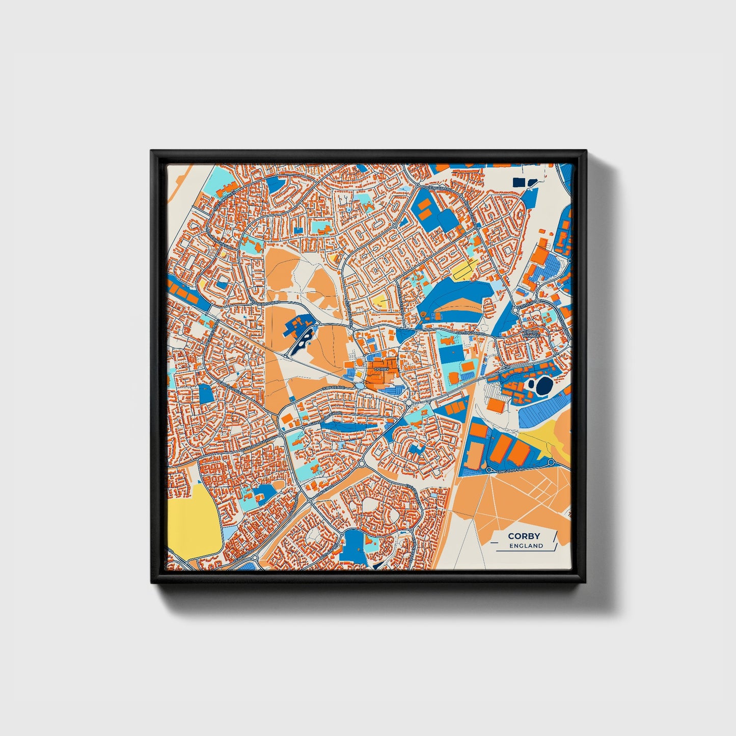 Corby England Colorful City Map Canvas Print • Black Framed