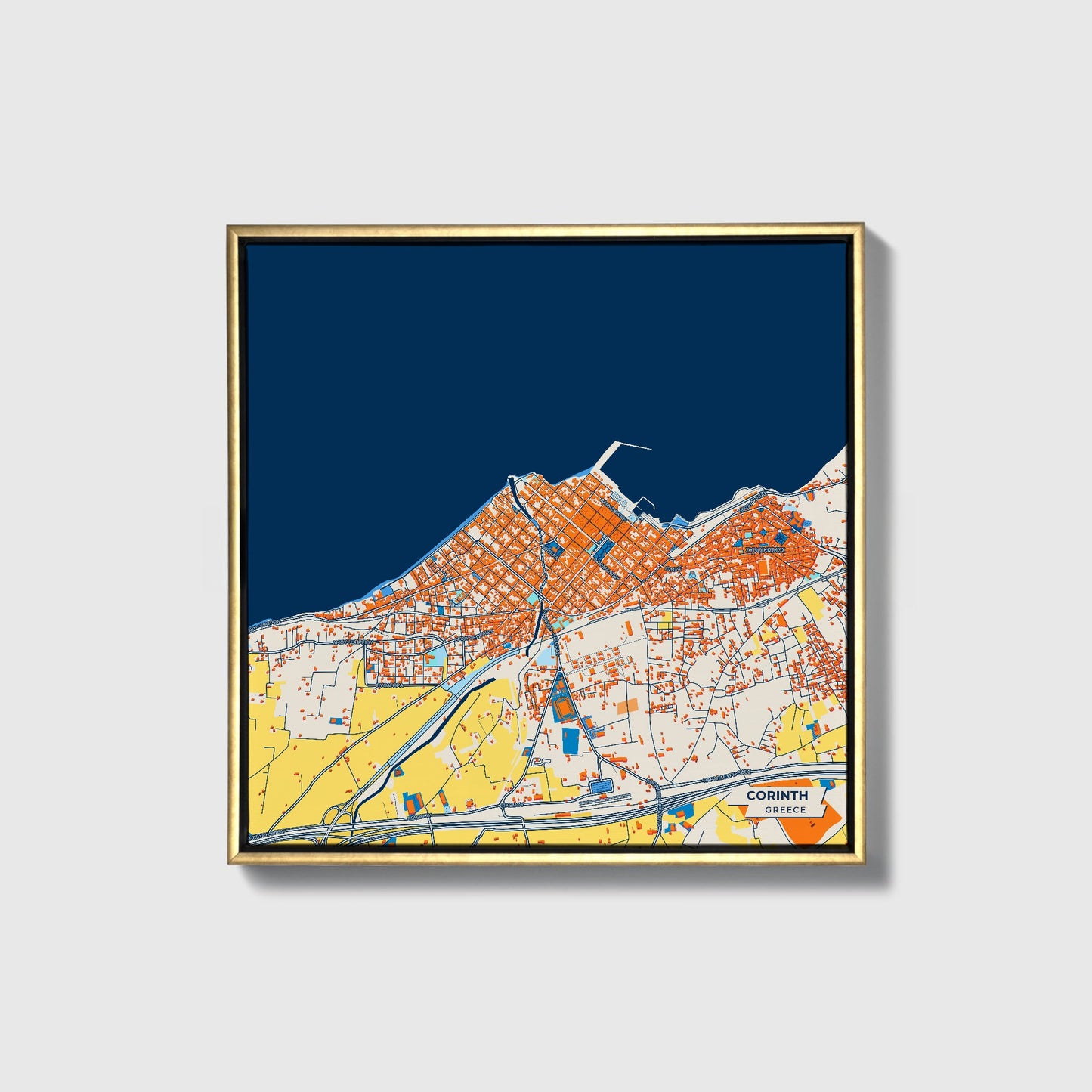 Κορινθος Greece Colorful City Map Canvas Print • Gold Framed