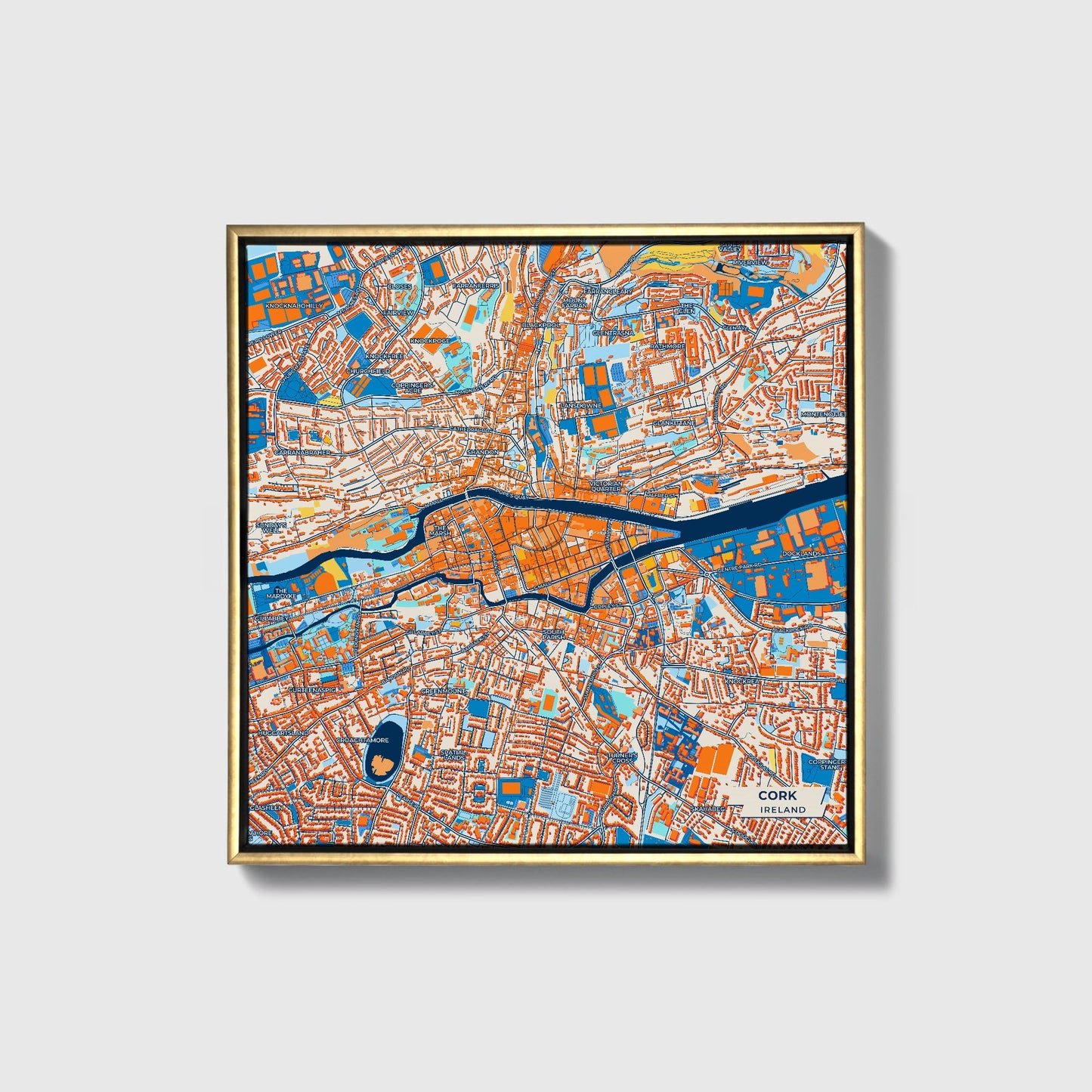 Cork Ireland Colorful City Map Canvas Print • Gold Framed