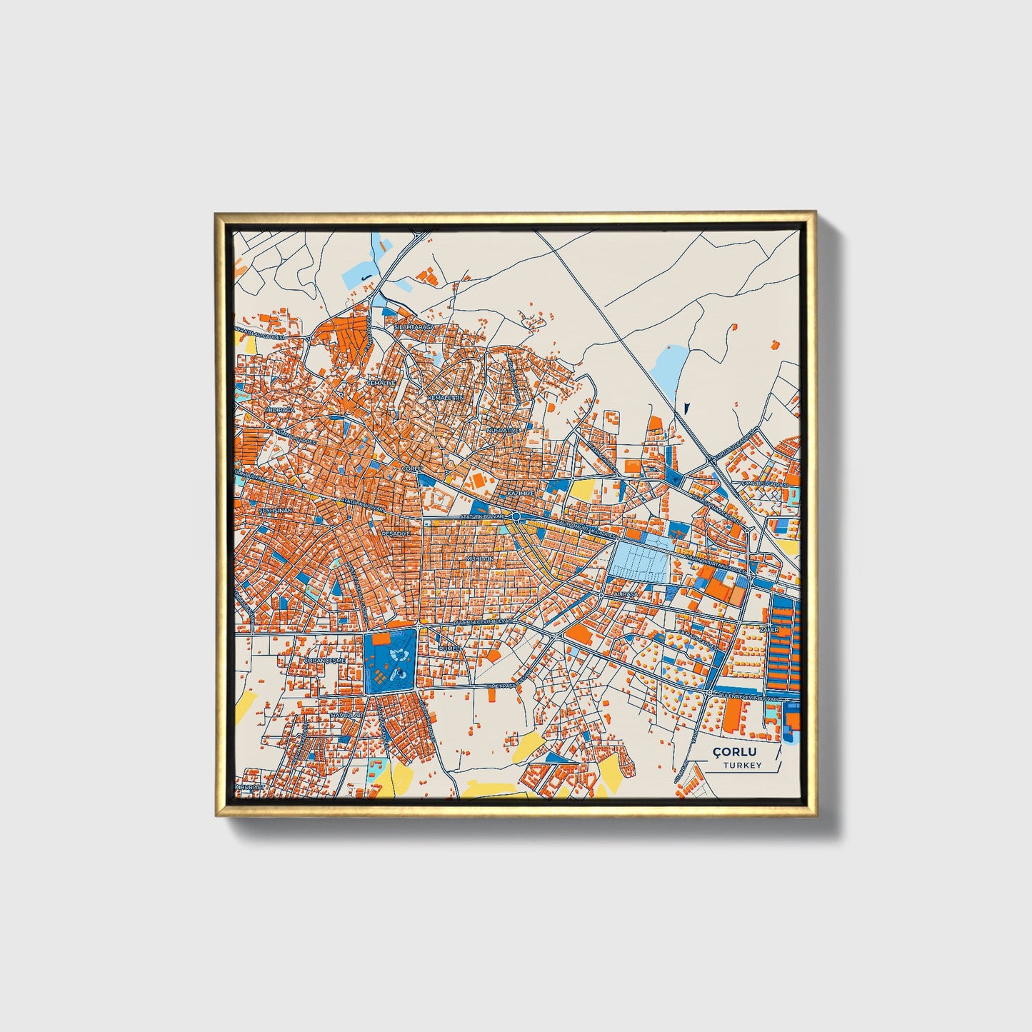 Çorlu Turkey Colorful City Map Canvas Print • Gold Framed
