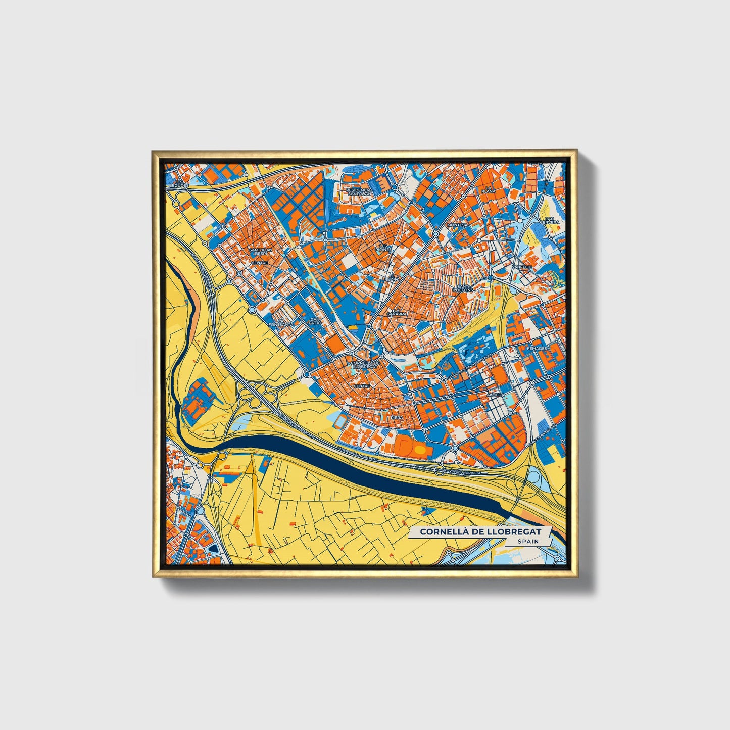 Cornellà De Llobregat Spain Colorful City Map Canvas Print • Gold Framed