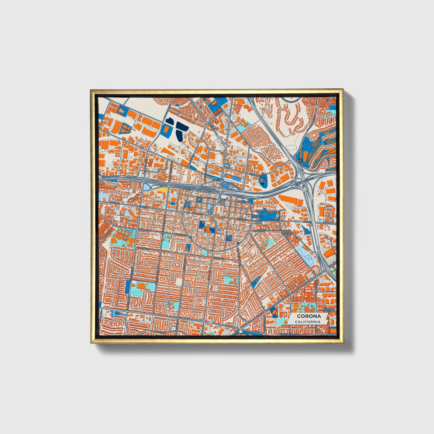 Corona California Colorful City Map Canvas Print • Gold Framed