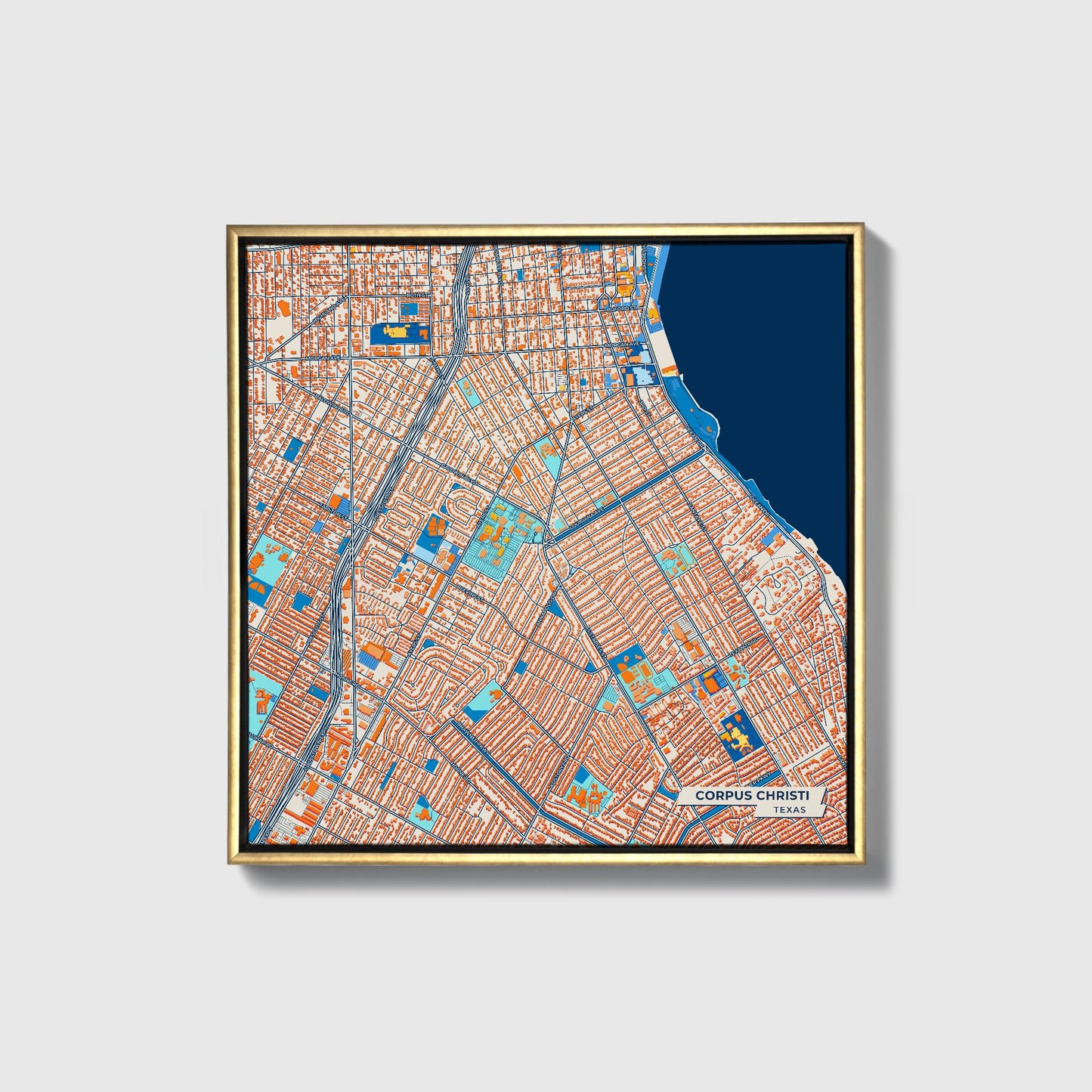 Corpus Christi Texas Colorful City Map Canvas Print • Gold Framed