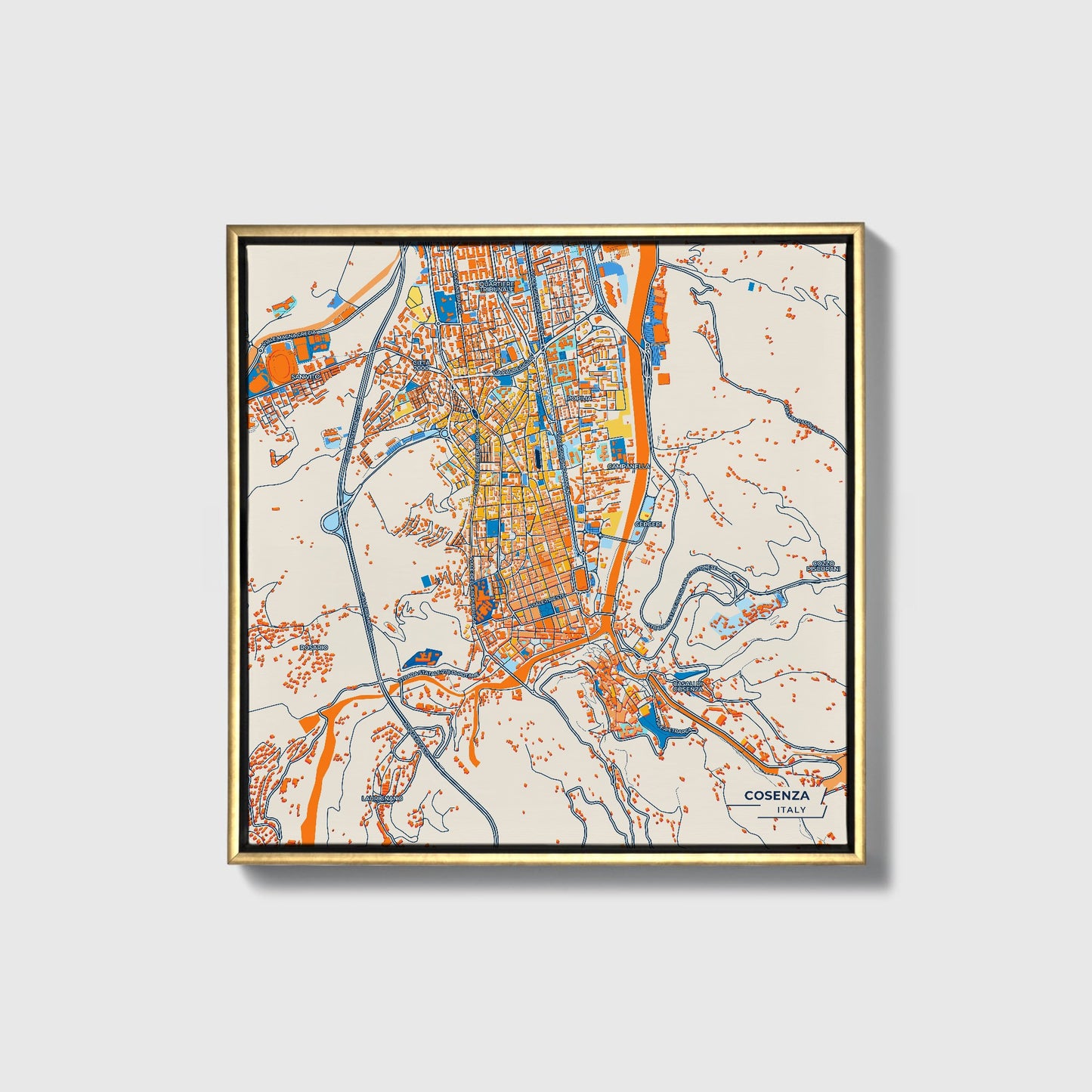 Cosenza Italy Colorful City Map Canvas Print • Gold Framed