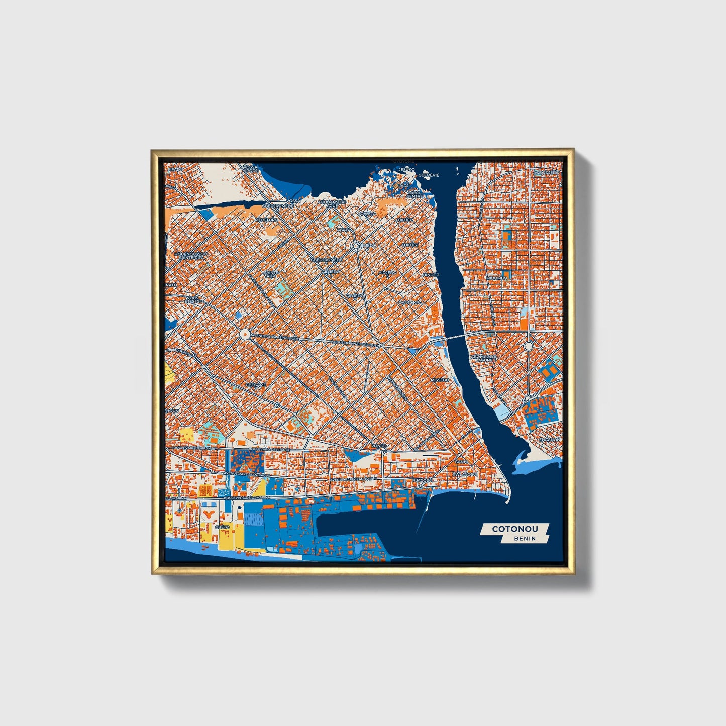 Cotonou Benin Colorful City Map Canvas Print • Gold Framed