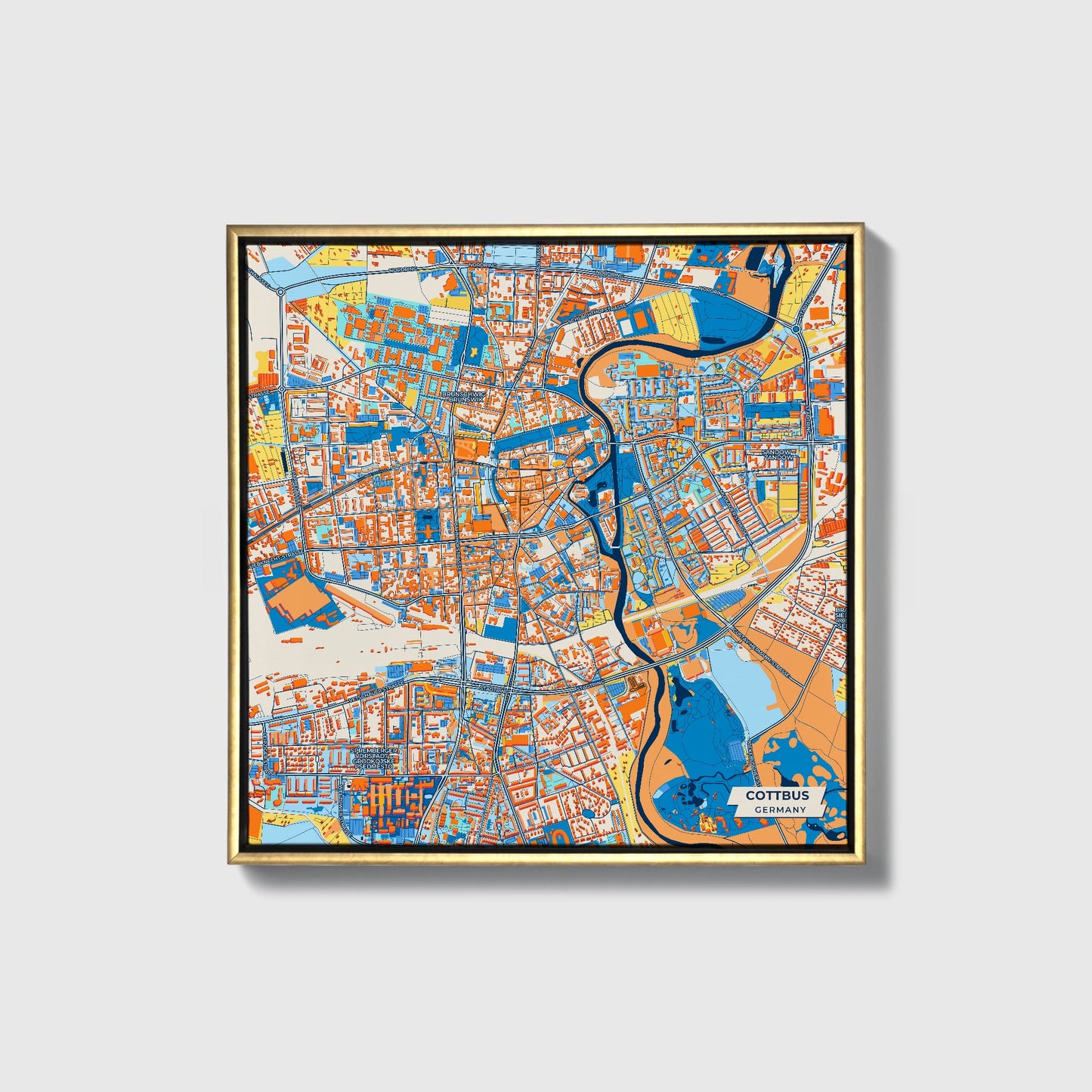Cottbus Germany Colorful City Map Canvas Print • Gold Framed