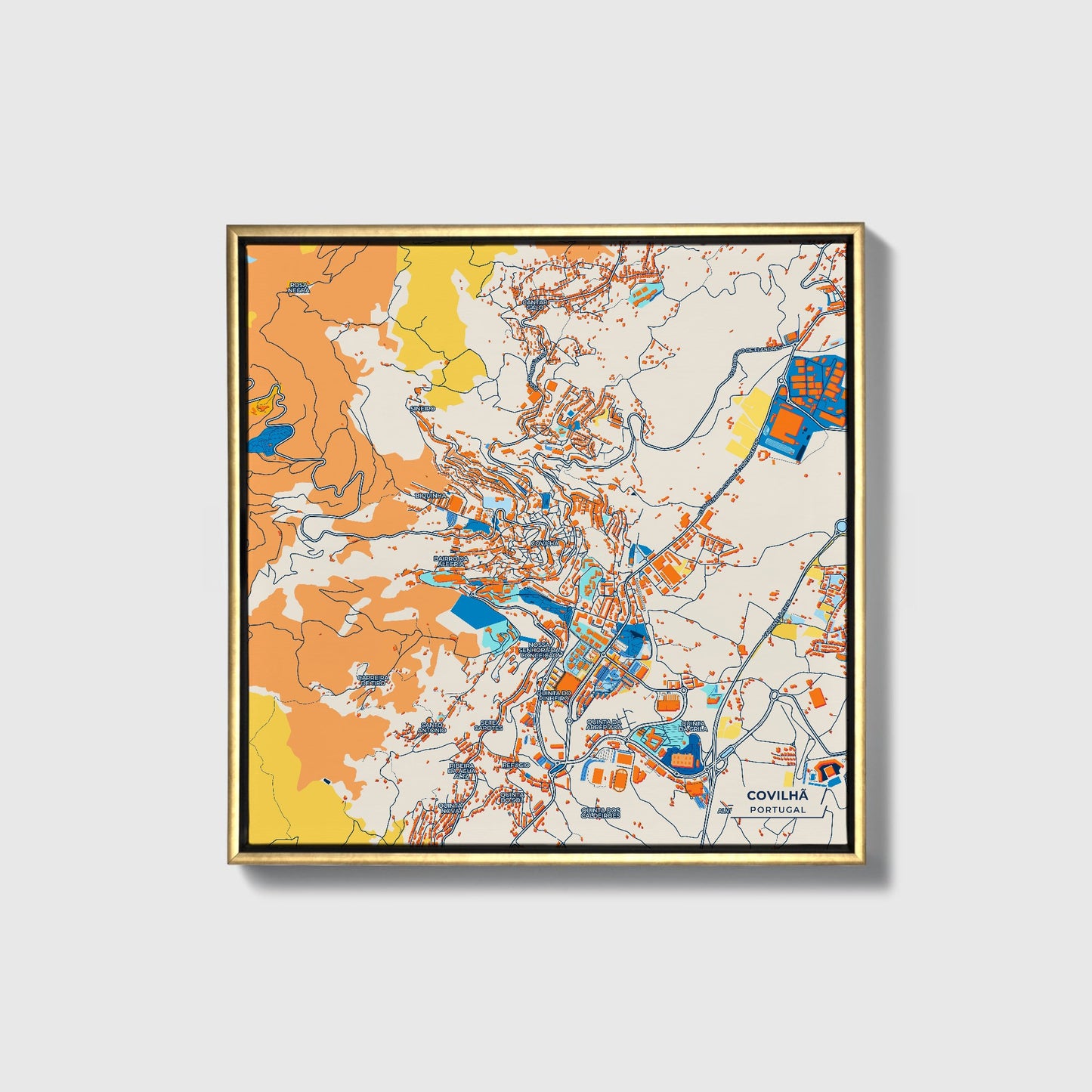 Covilhã Portugal Colorful City Map Canvas Print • Gold Framed