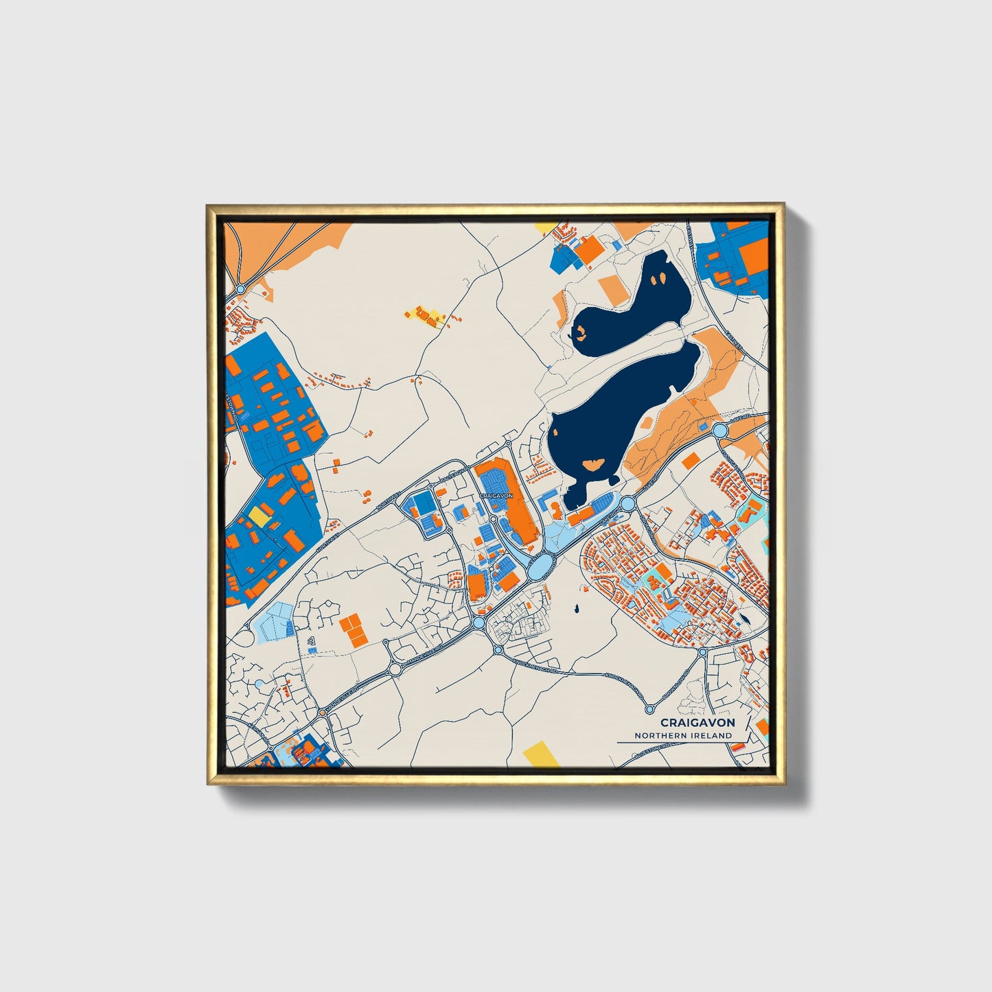 Craigavon Northern Ireland Colorful City Map Canvas Print • Gold Framed