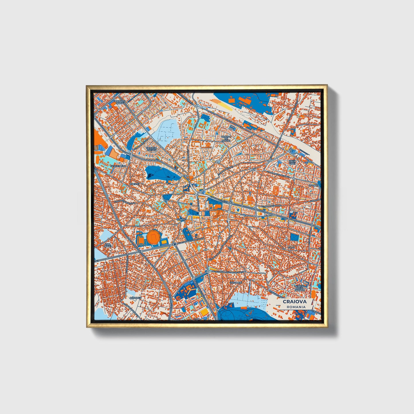Craiova Romania Colorful City Map Canvas Print • Gold Framed
