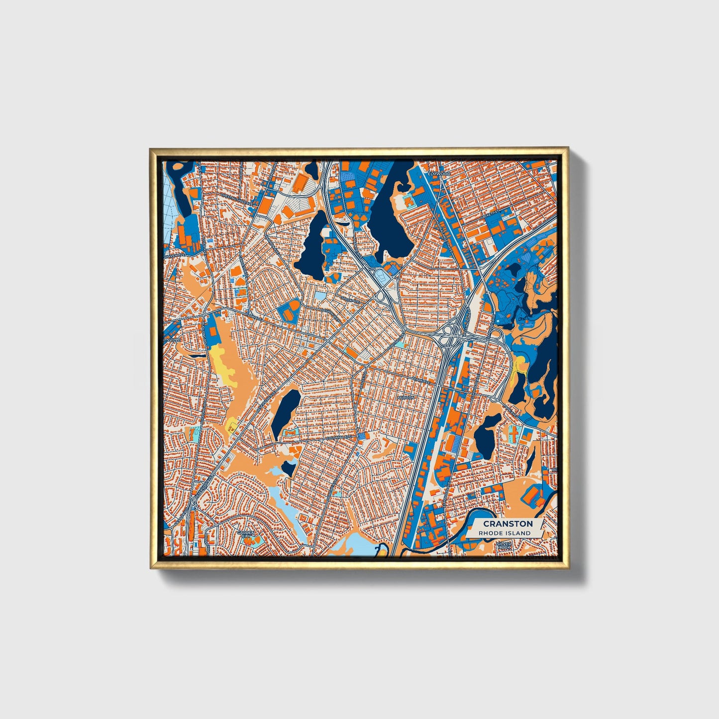 Cranston Rhode Island Colorful City Map Canvas Print • Gold Framed