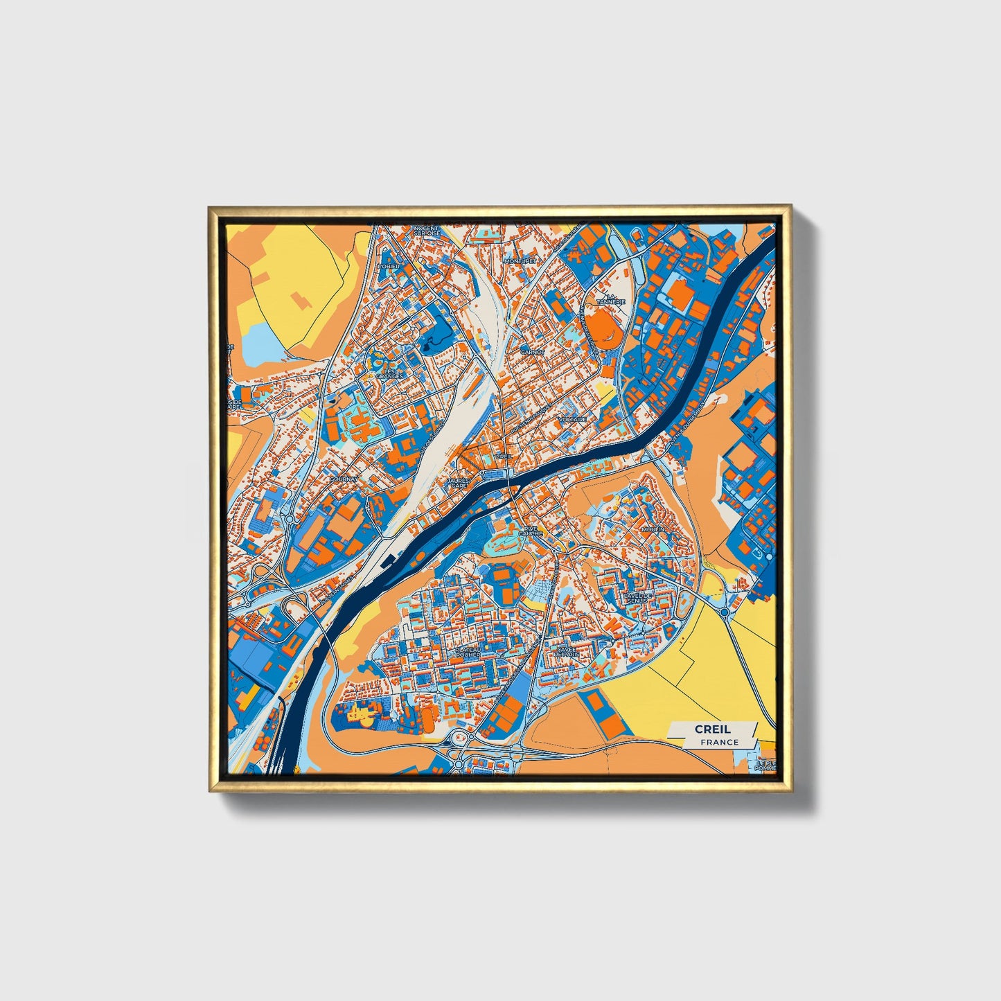 Creil France Colorful City Map Canvas Print • Gold Framed