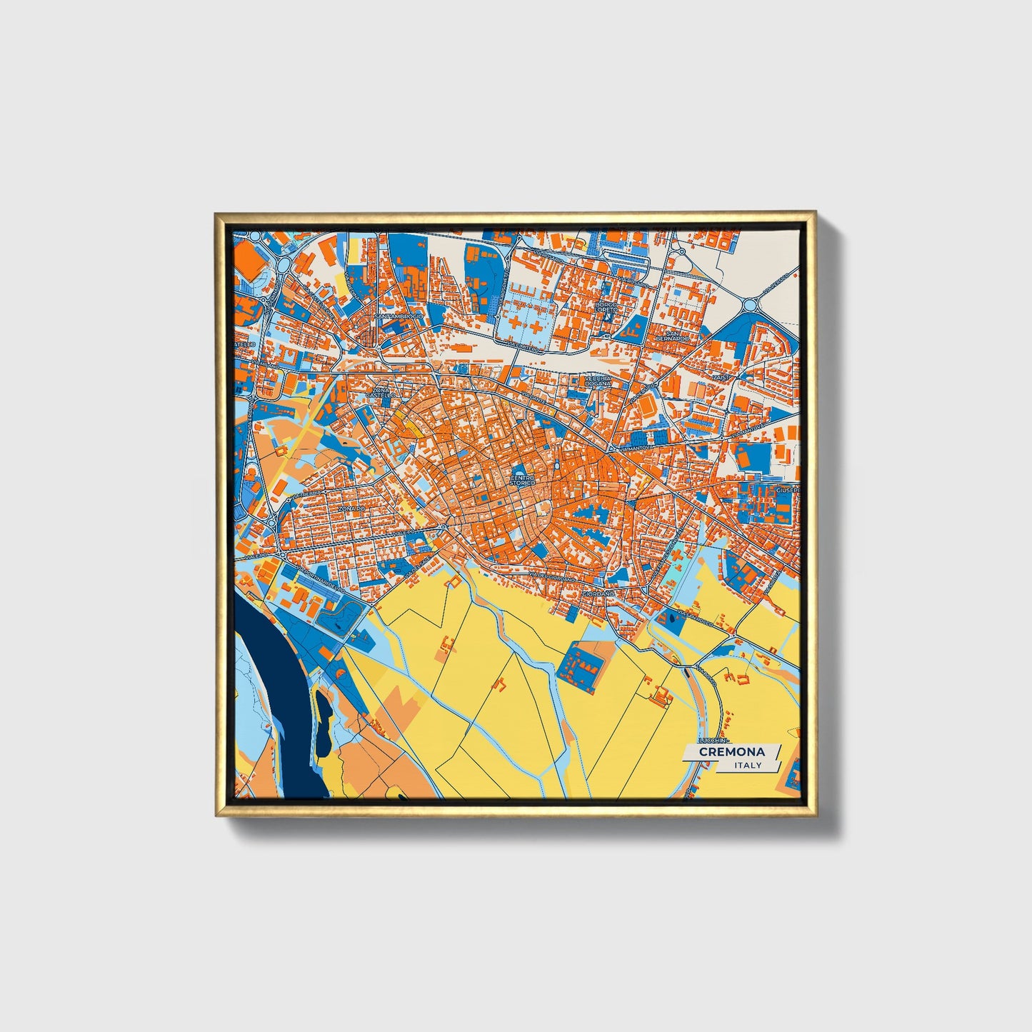 Cremona Italy Colorful City Map Canvas Print • Gold Framed