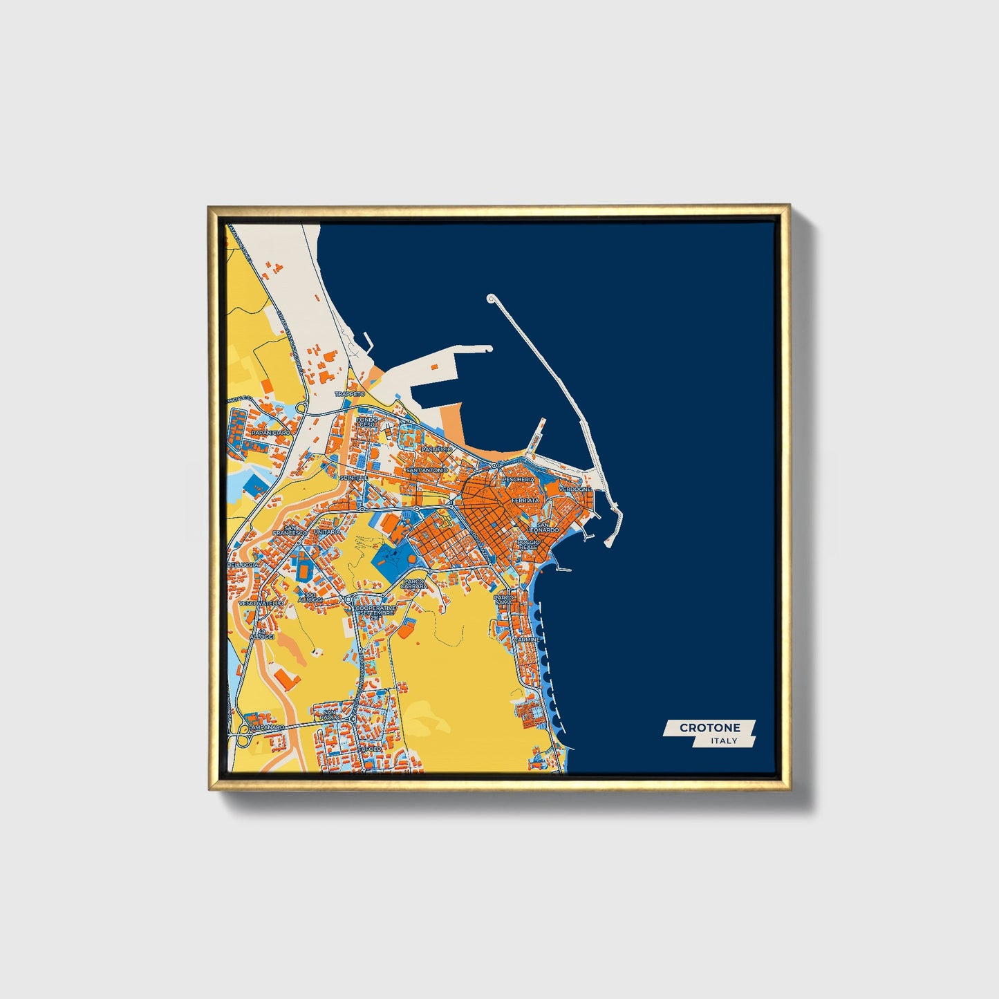 Crotone Italy Colorful City Map Canvas Print • Gold Framed