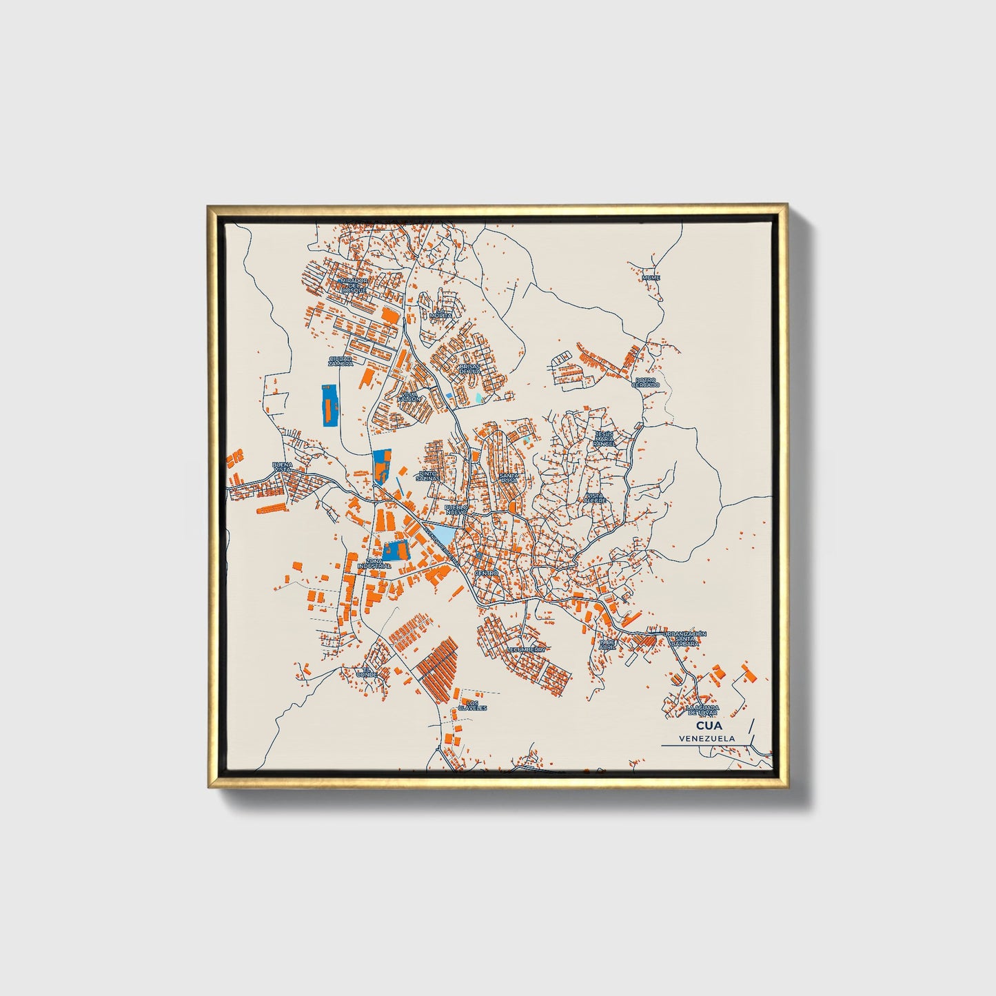 Cua Venezuela Colorful City Map Canvas Print • Gold Framed