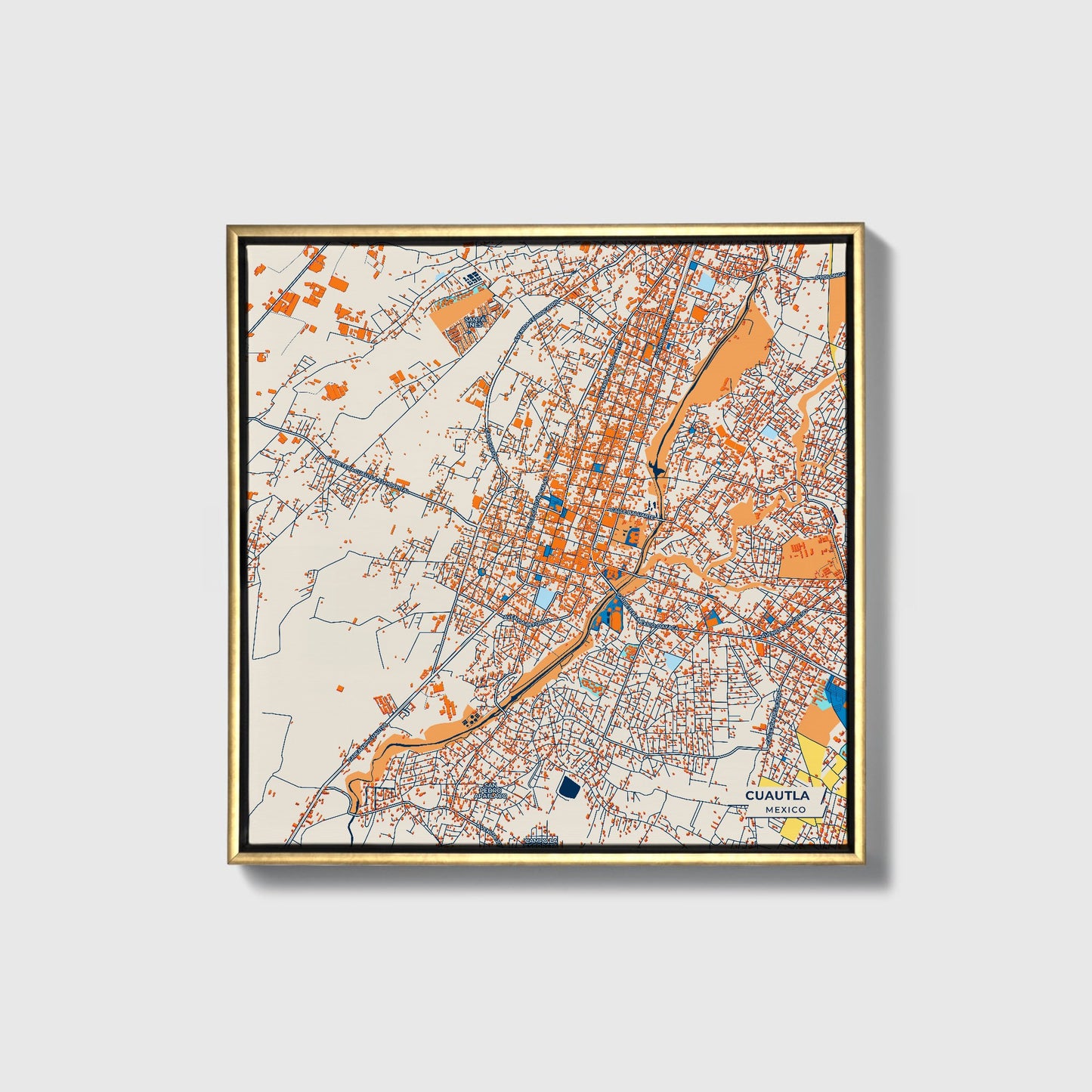Cuautla Mexico Colorful City Map Canvas Print • Gold Framed