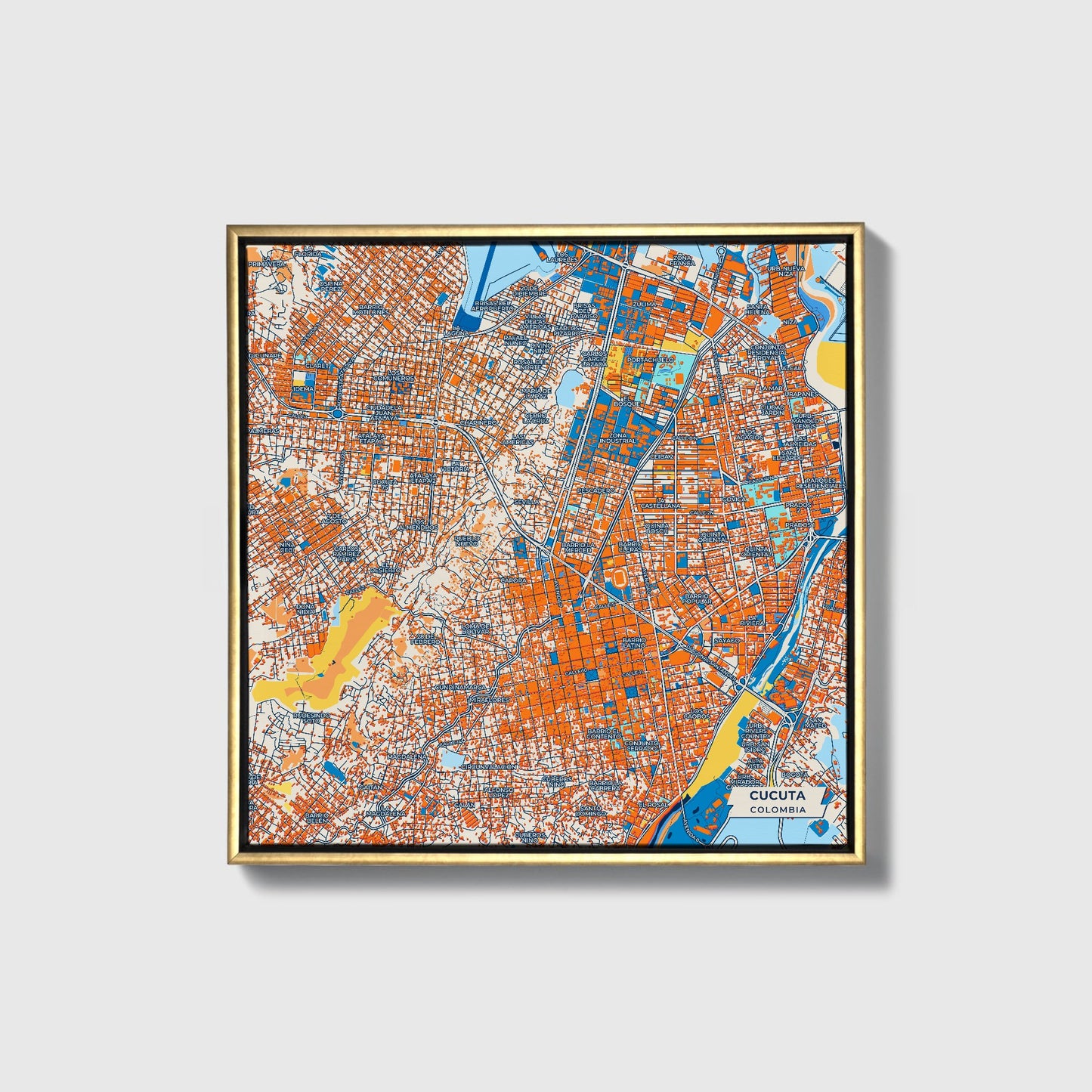 Cucuta Colombia Colorful City Map Canvas Print • Gold Framed