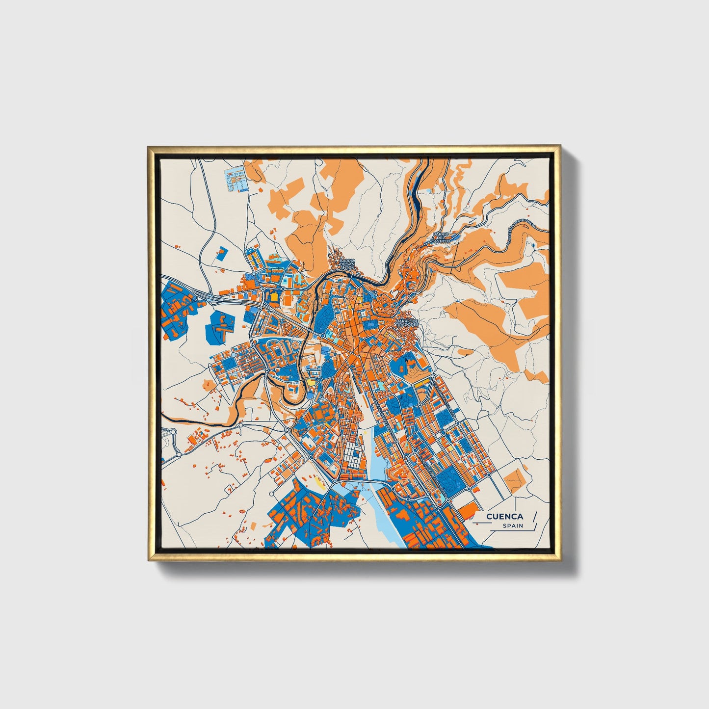 Cuenca Spain Colorful City Map Canvas Print • Gold Framed