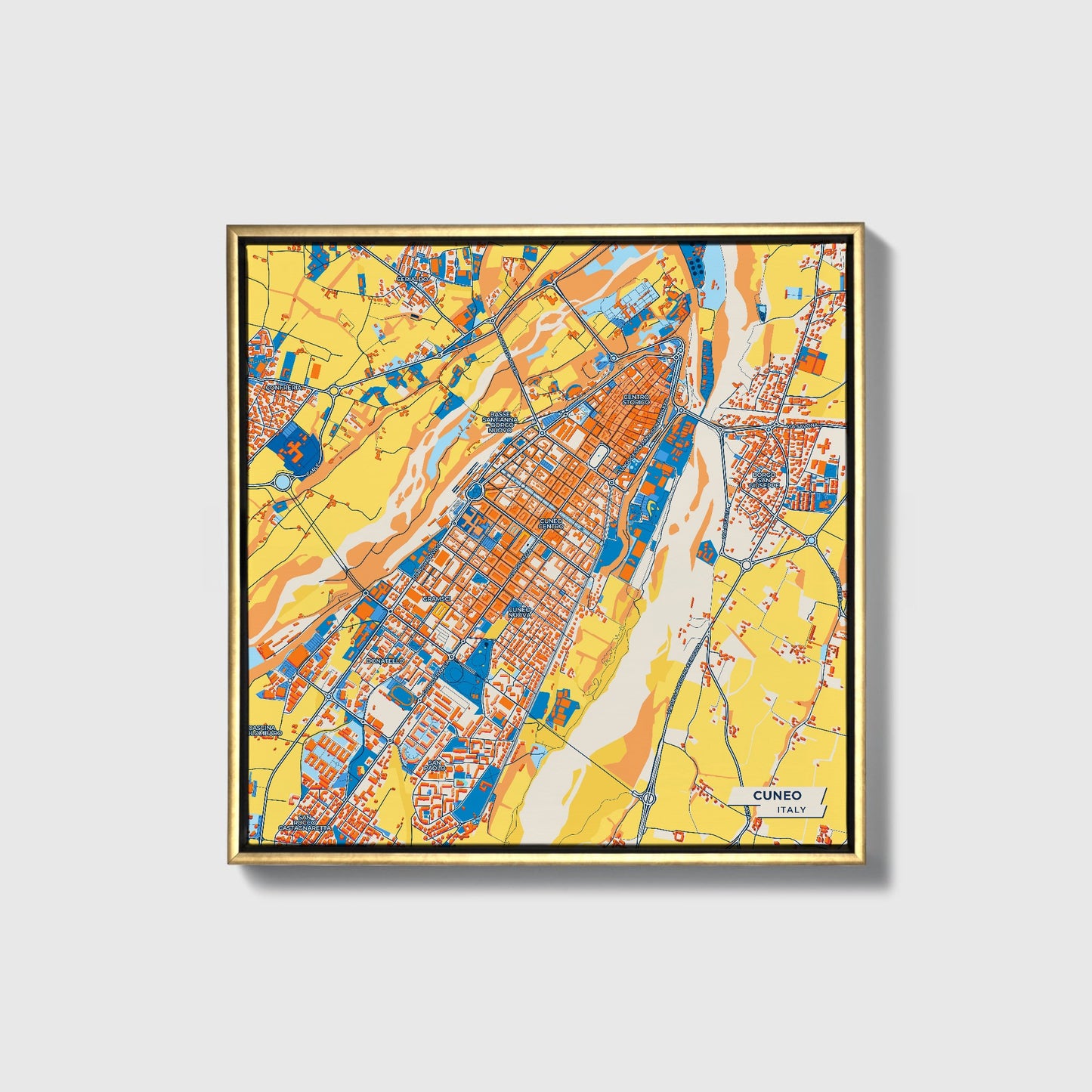 Cuneo Italy Colorful City Map Canvas Print • Gold Framed