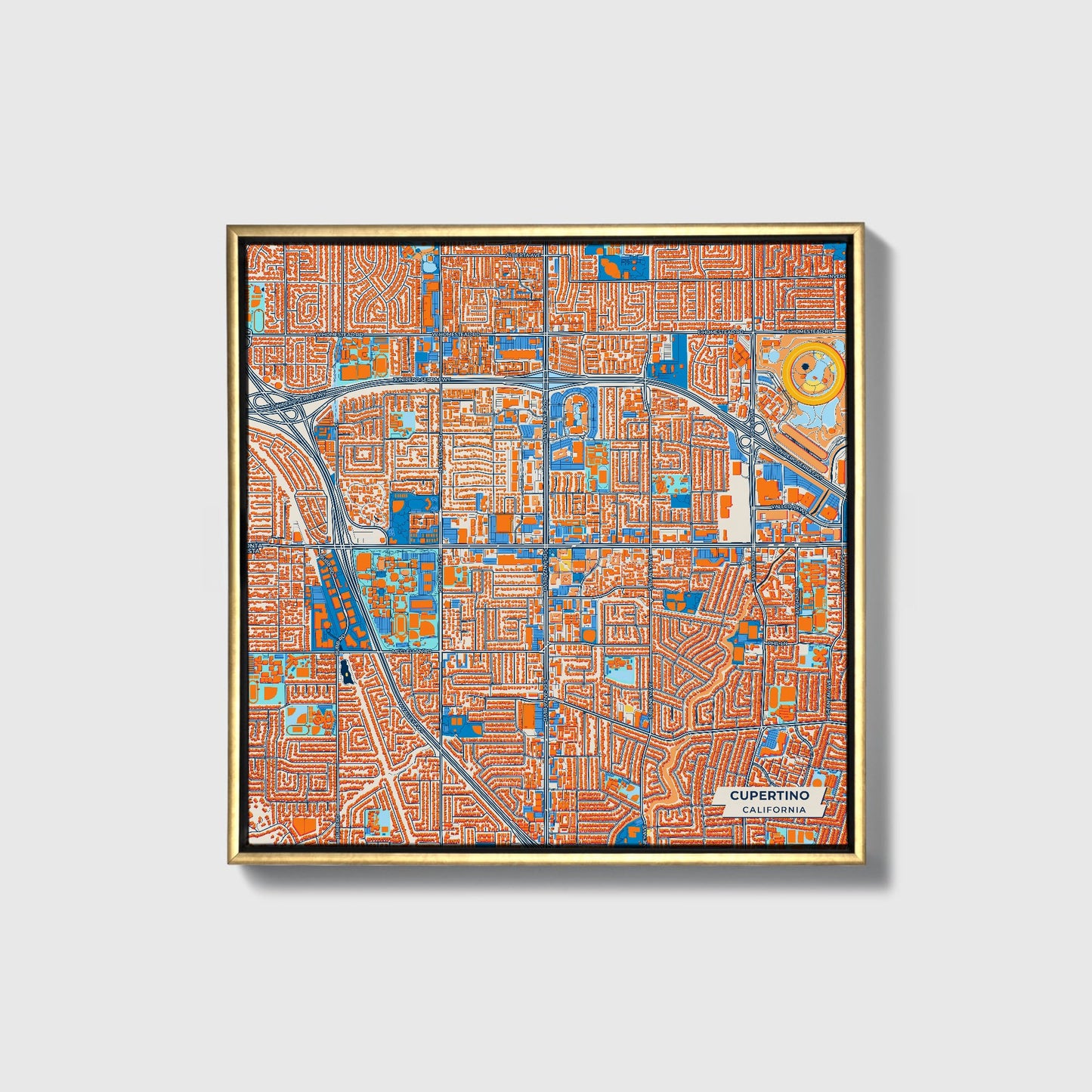 Cupertino California Colorful City Map Canvas Print • Gold Framed