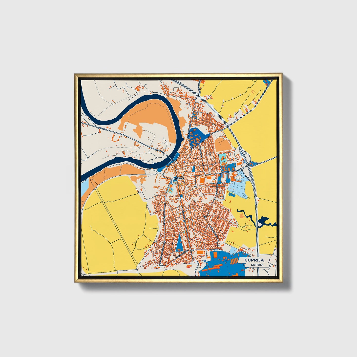 Ћуприја Serbia Colorful City Map Canvas Print • Gold Framed