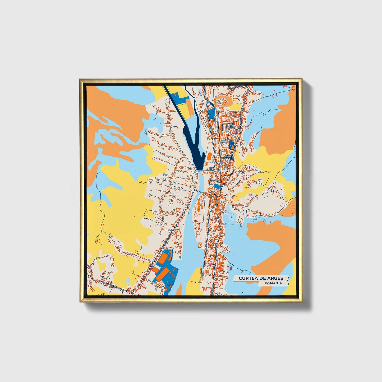 Curtea De Argeș Romania Colorful City Map Canvas Print • Gold Framed