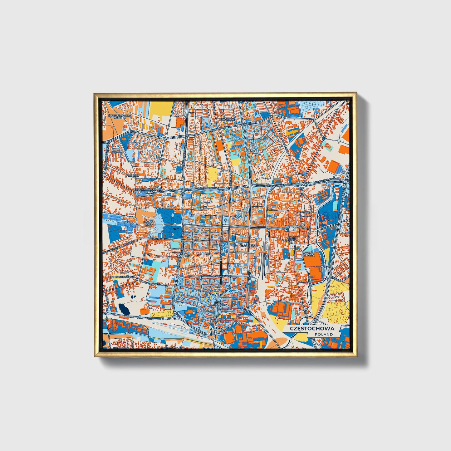 Częstochowa Poland Colorful City Map Canvas Print • Gold Framed