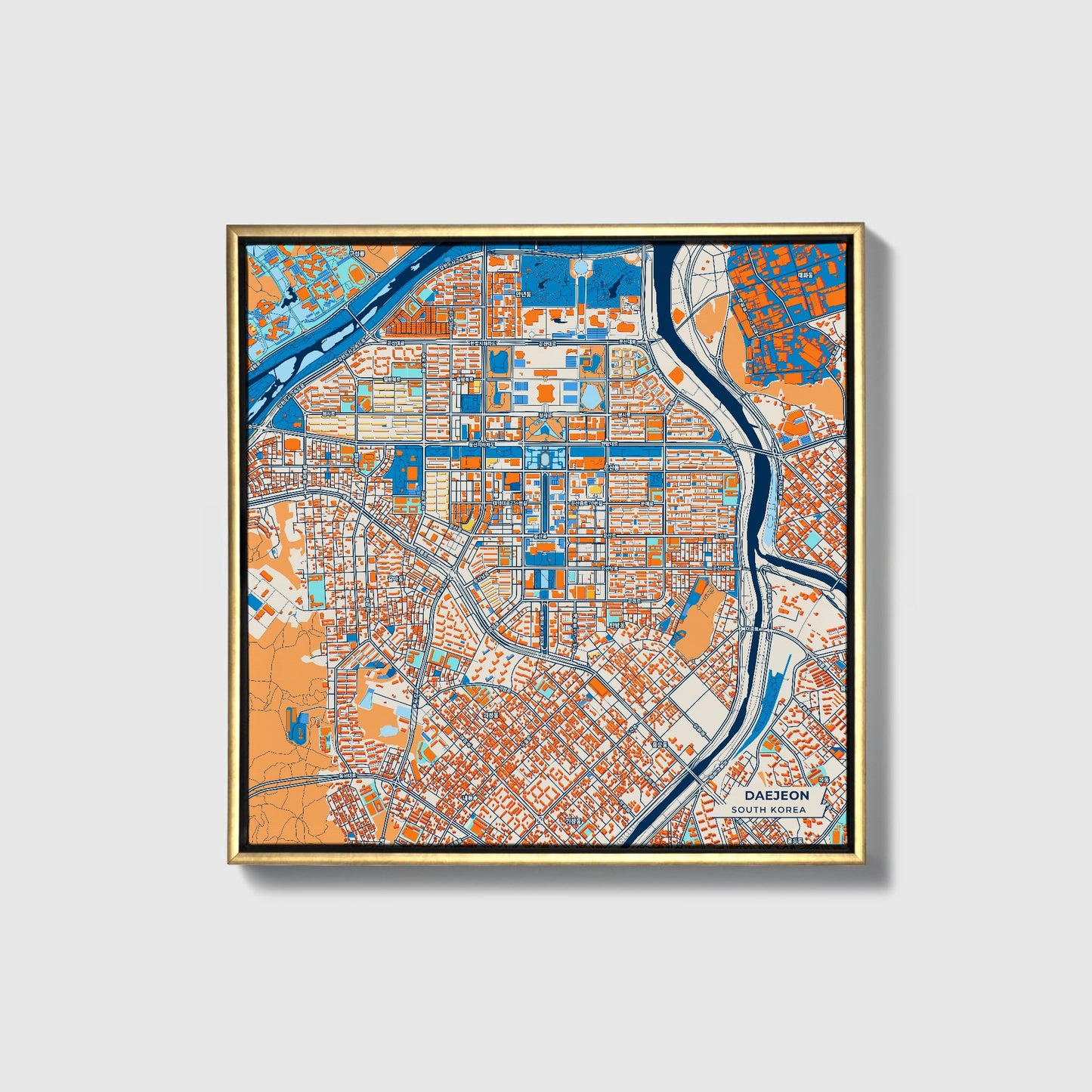 Daejeon South Korea Colorful City Map Canvas Print • Gold Framed