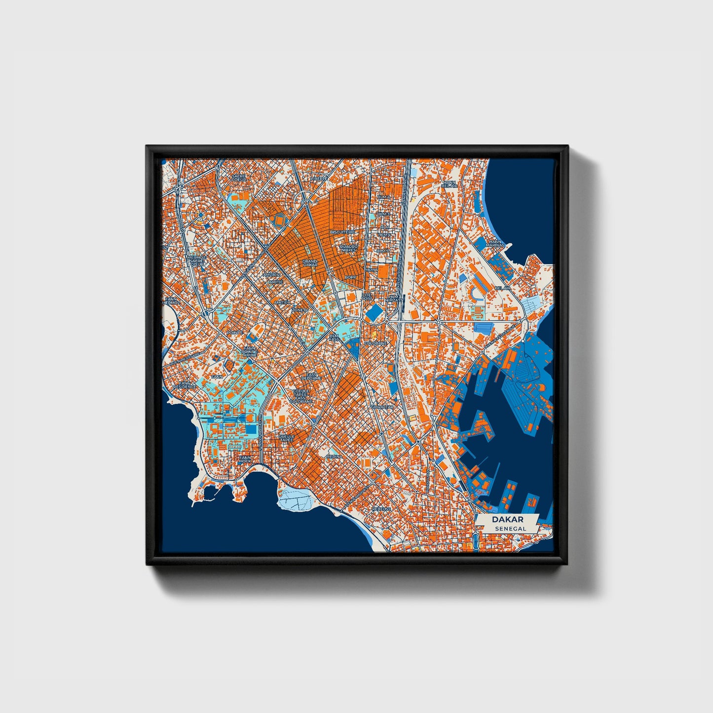 Dakar Senegal Colorful City Map Canvas Print • Black Framed