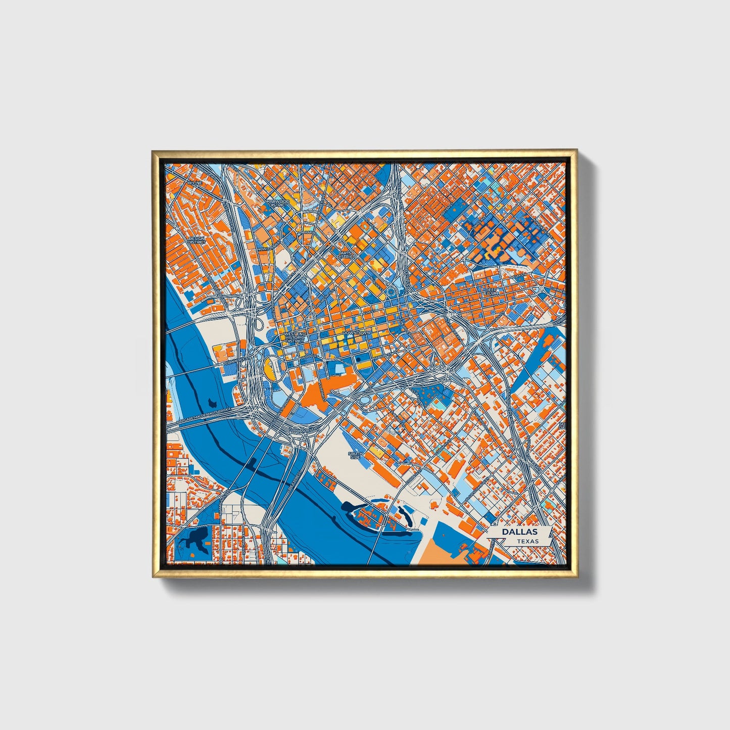 Dallas Texas Colorful City Map Canvas Print • Gold Framed