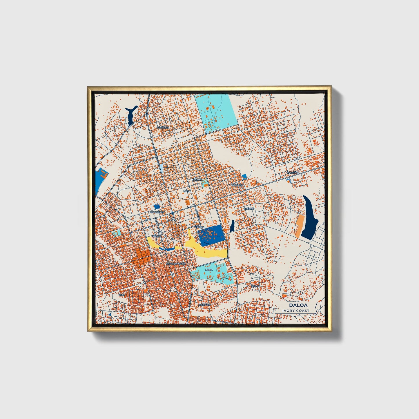 Daloa Ivory Coast Colorful City Map Canvas Print • Gold Framed