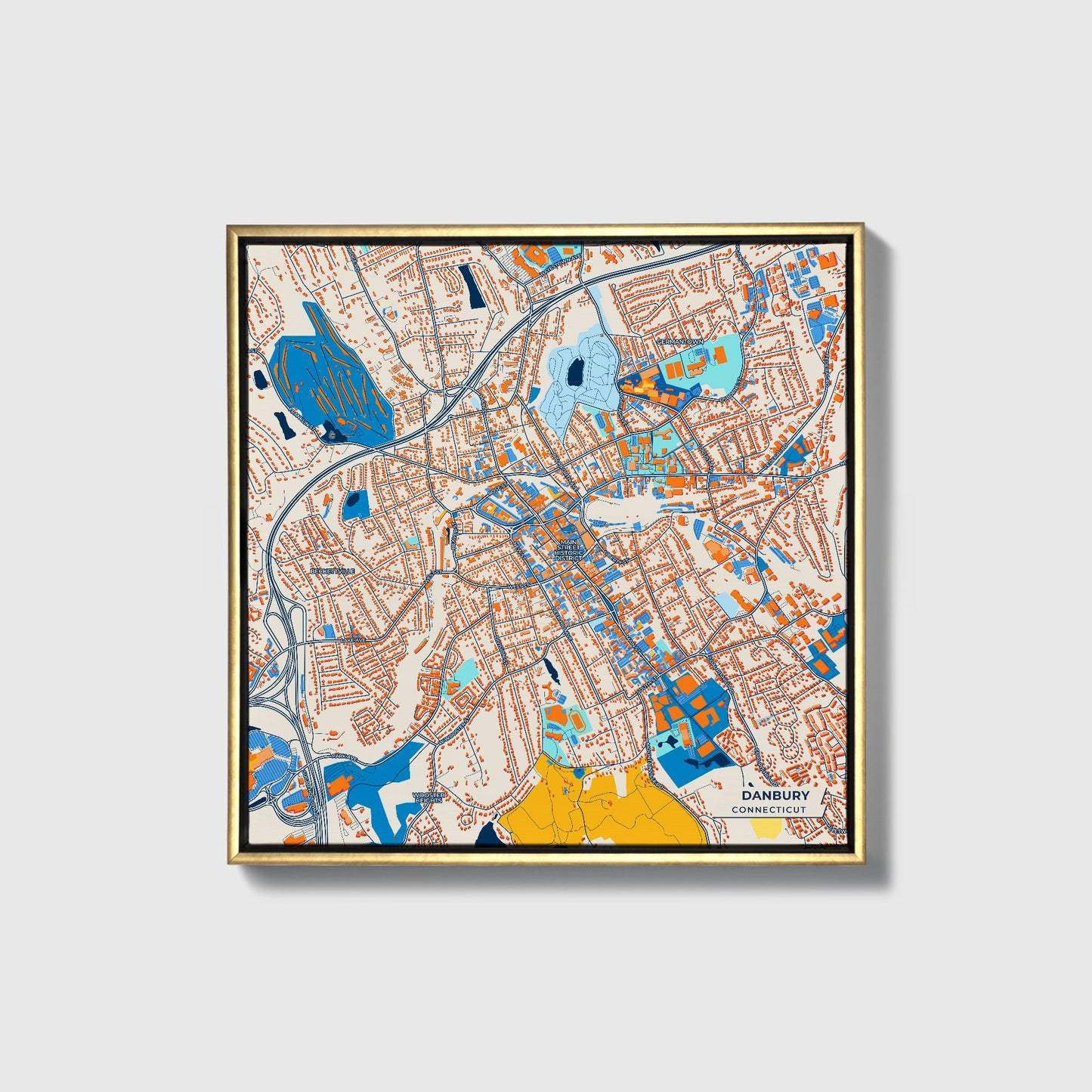 Danbury Connecticut Colorful City Map Canvas Print • Gold Framed