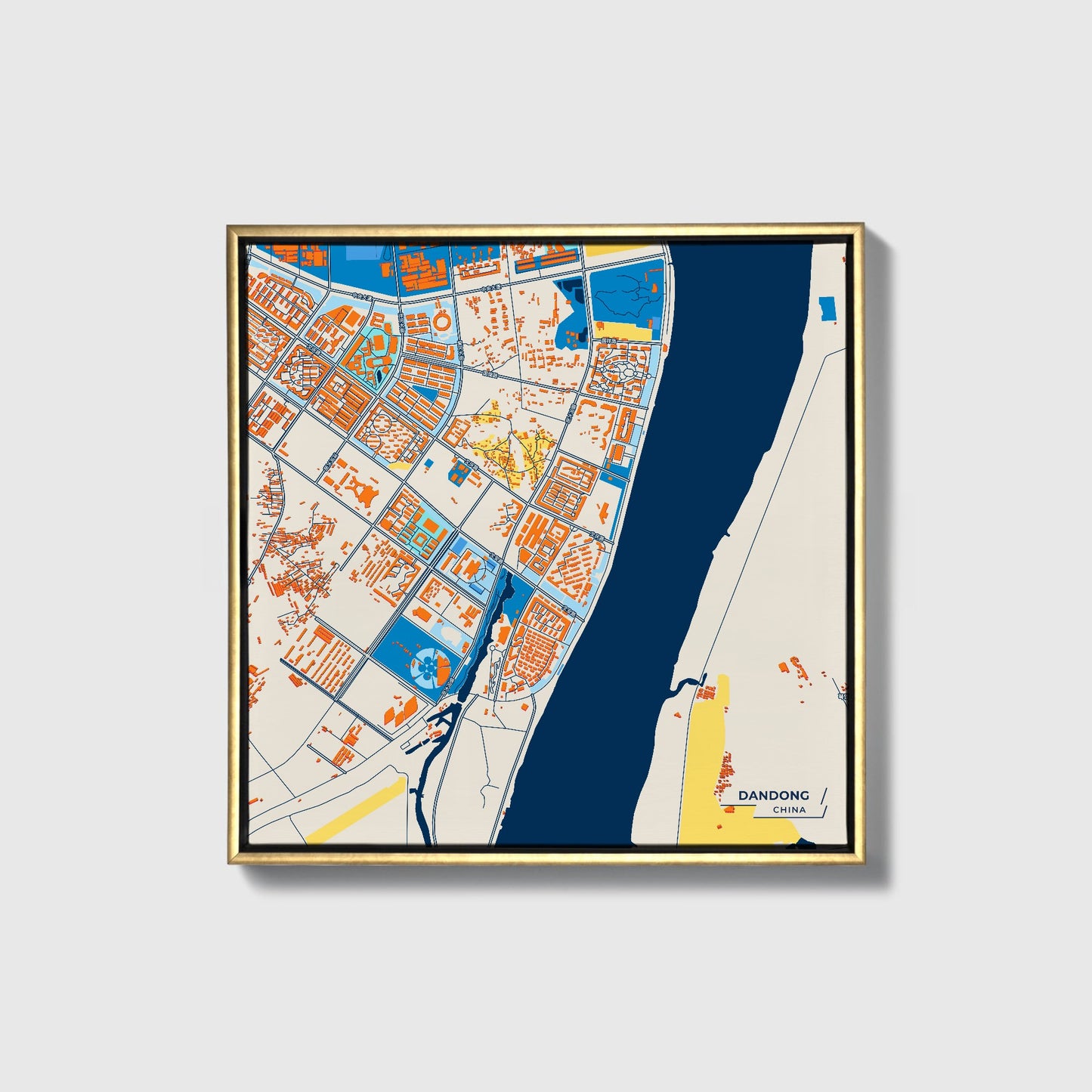 Dandong China Colorful City Map Canvas Print • Gold Framed