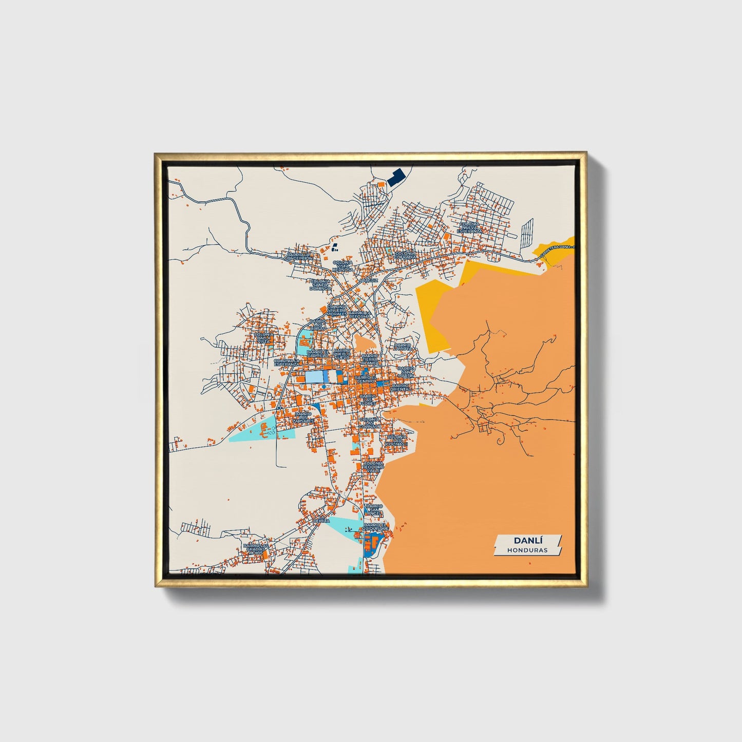 Danlí Honduras Colorful City Map Canvas Print • Gold Framed