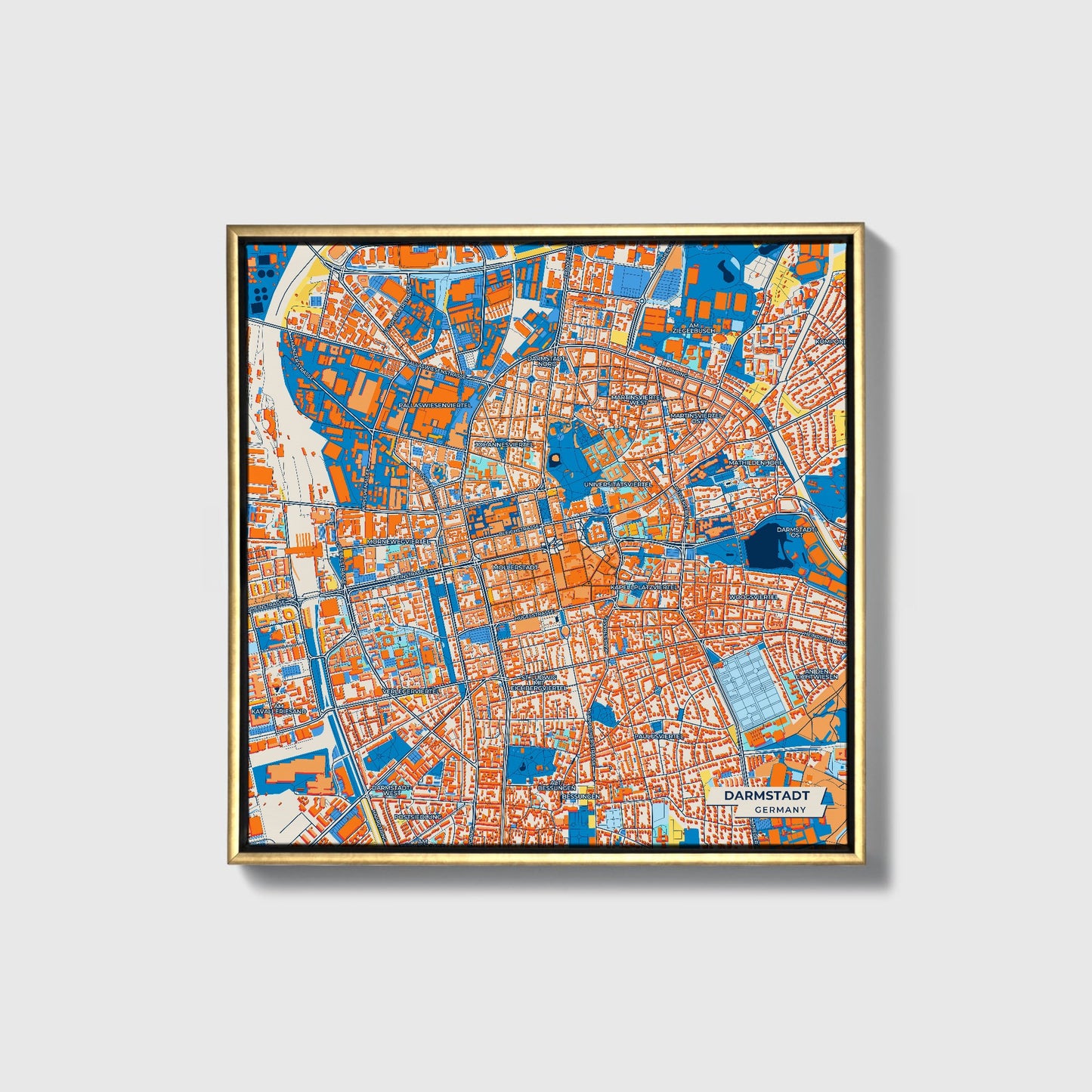 Darmstadt Germany Colorful City Map Canvas Print • Gold Framed